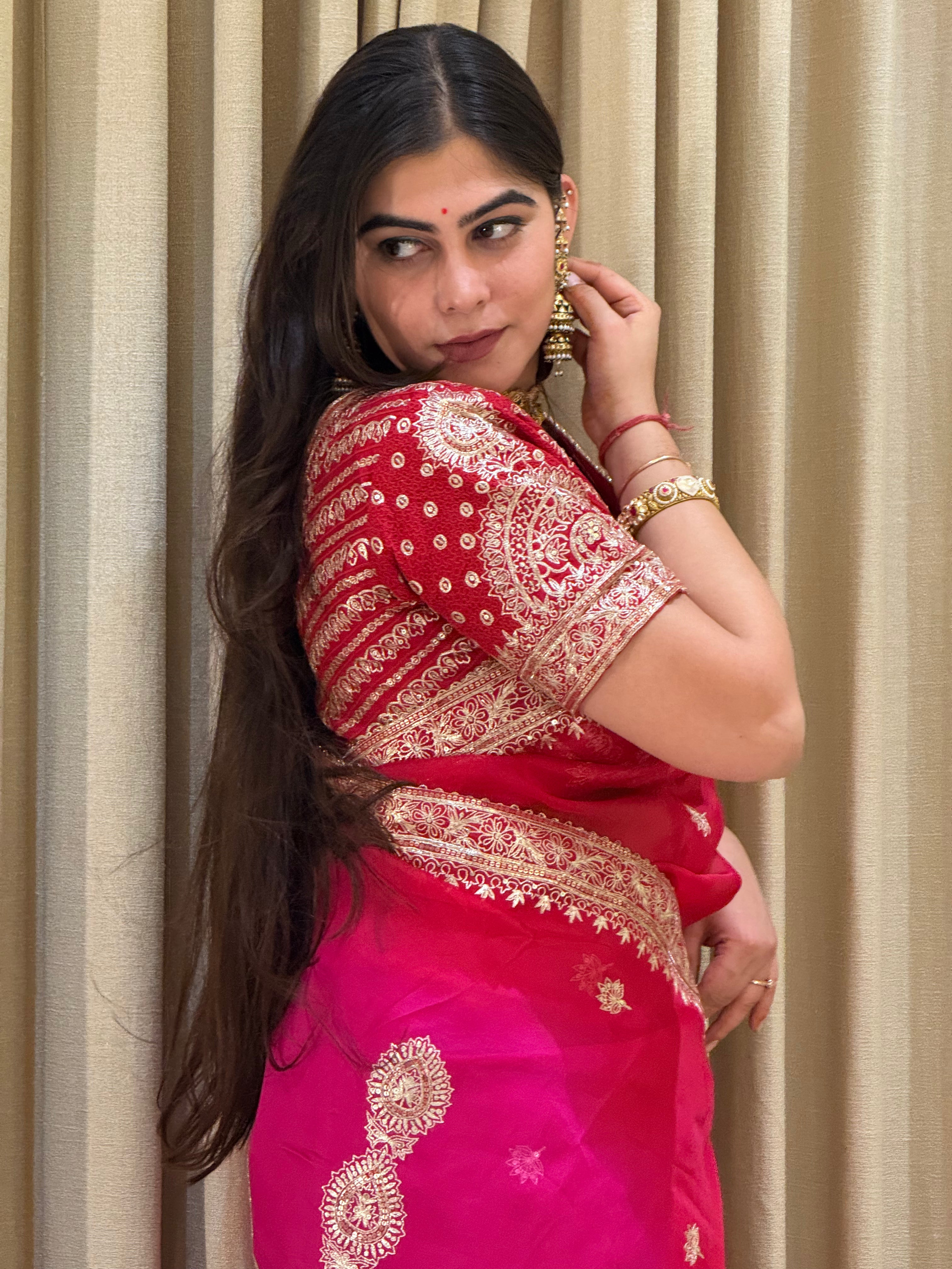 Nitya Red & Pink Shade Organza Saree