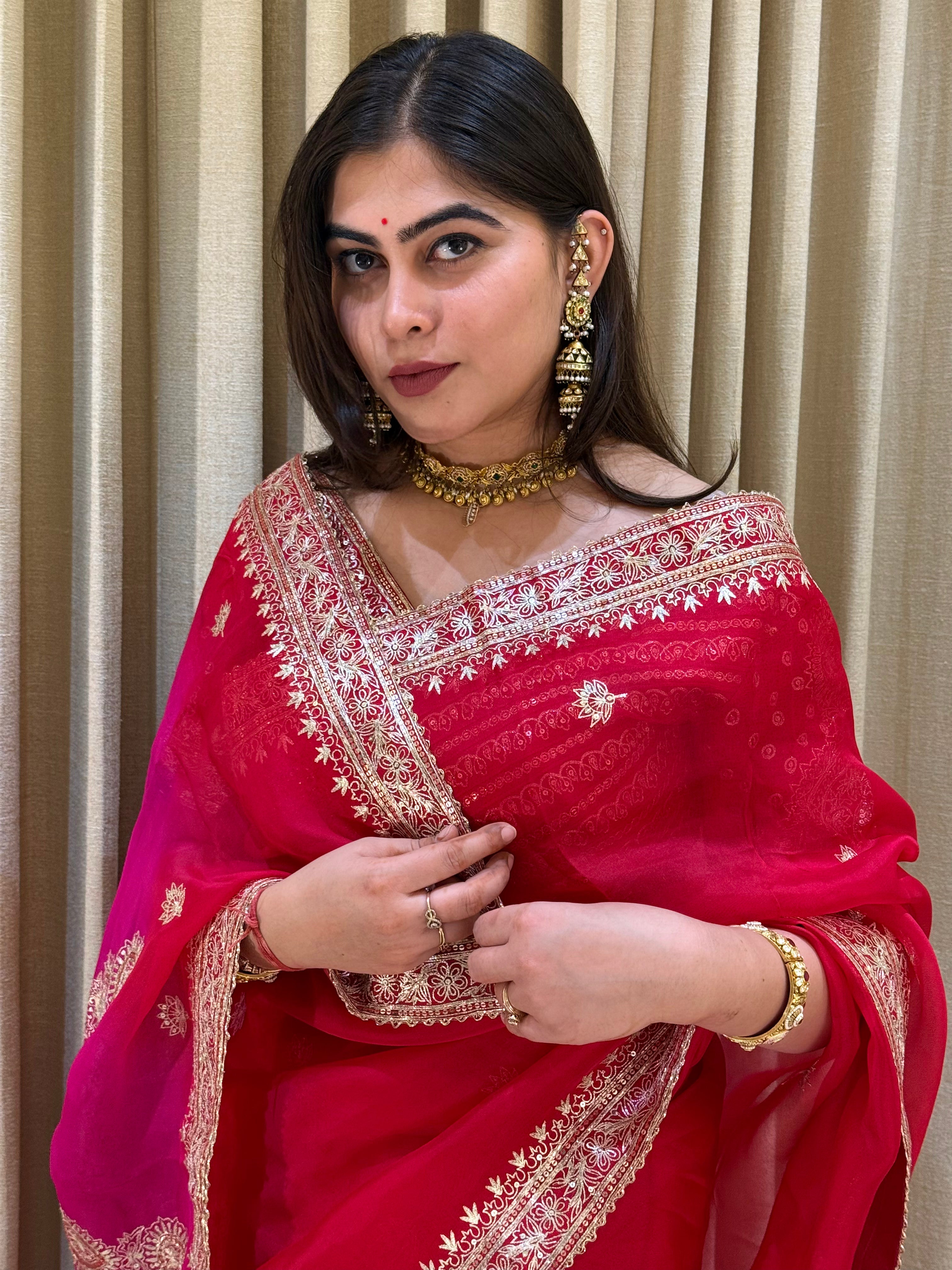 Nitya Red & Pink Shade Organza Saree