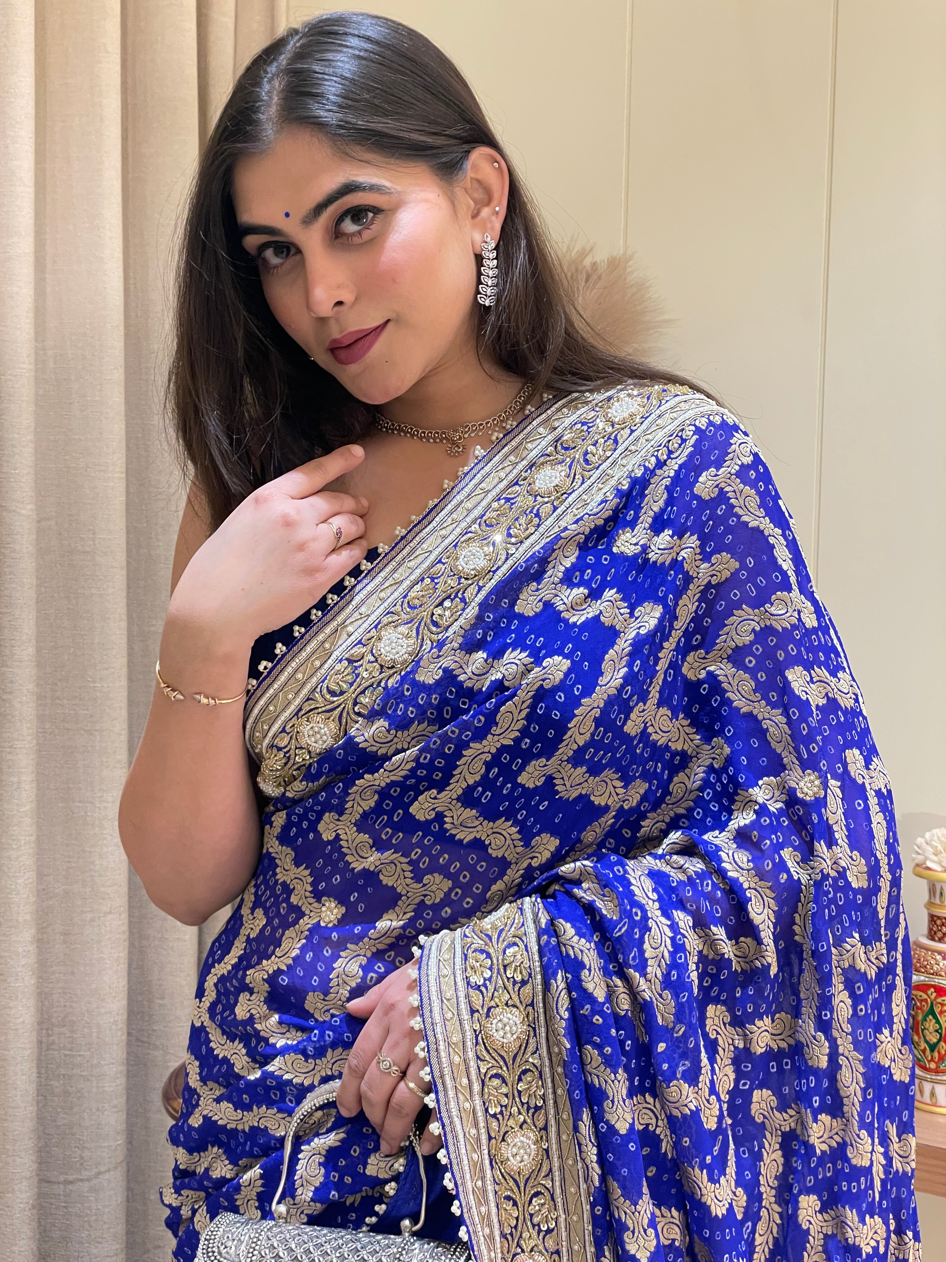 Shreya Blue Khadi Georgette Bandhani Saree