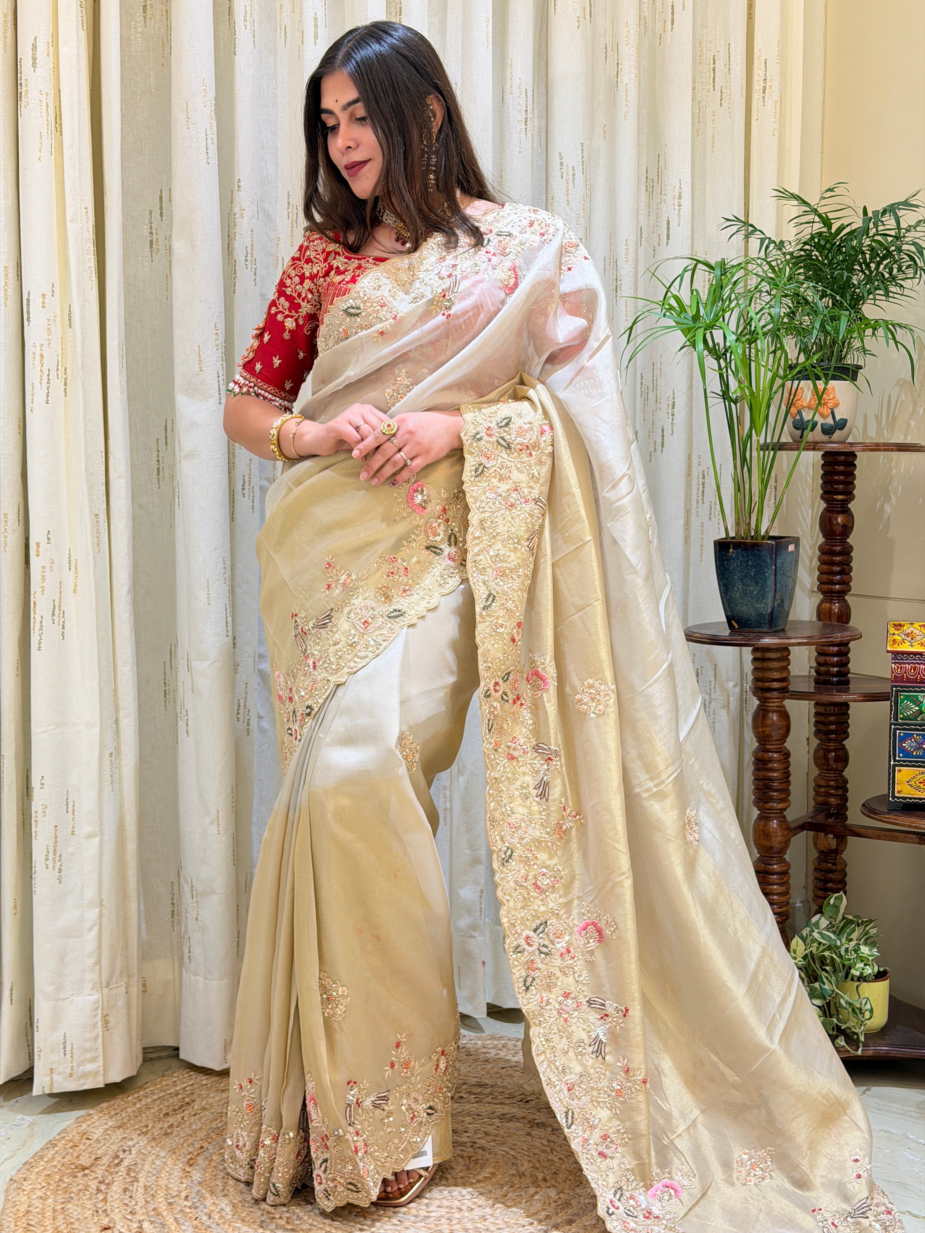 Aadhya Tissue Gold Ivory Zardozi Bridal  Silk Saree