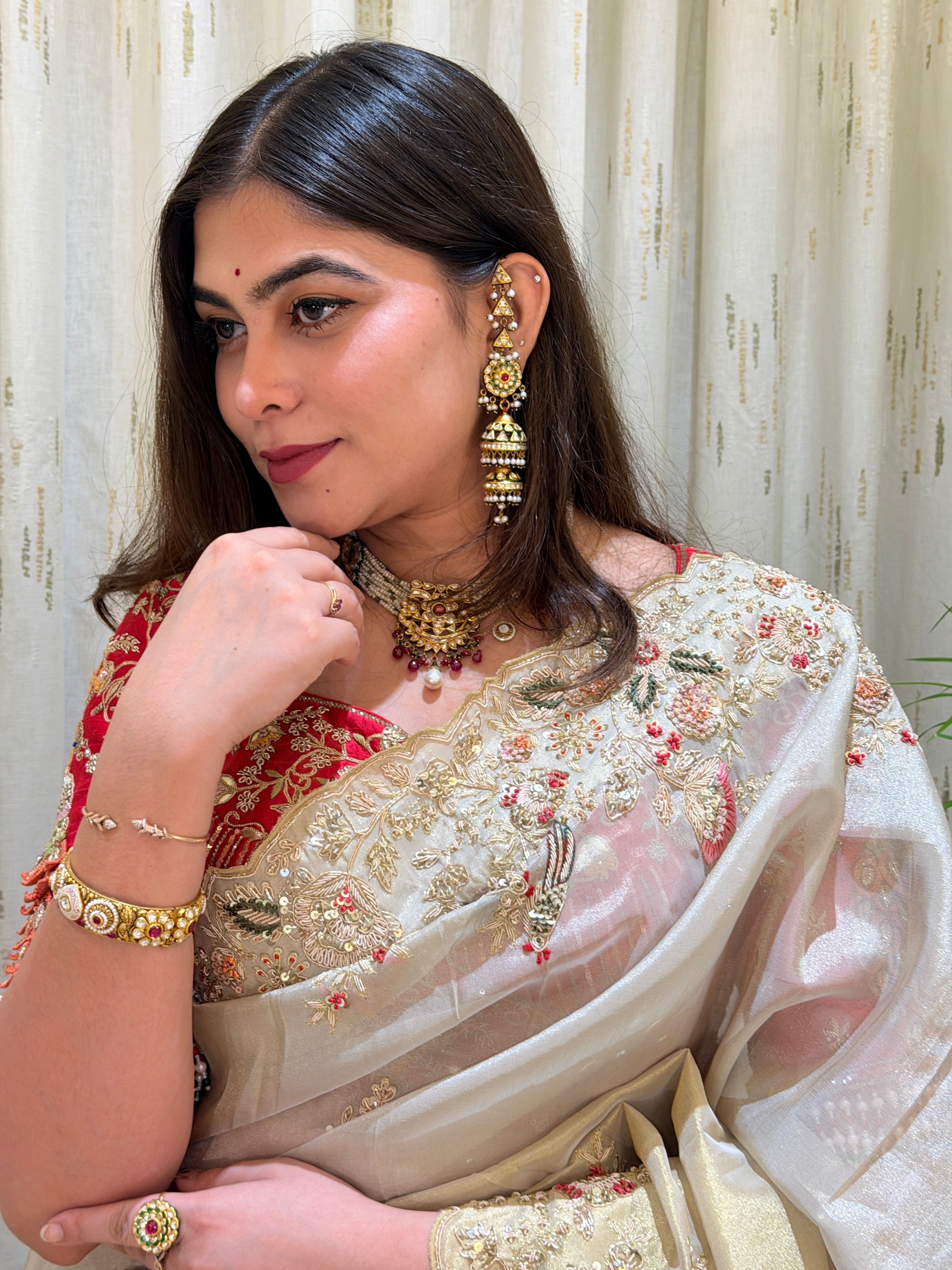 Aadhya Tissue Gold Ivory Zardozi Bridal  Silk Saree