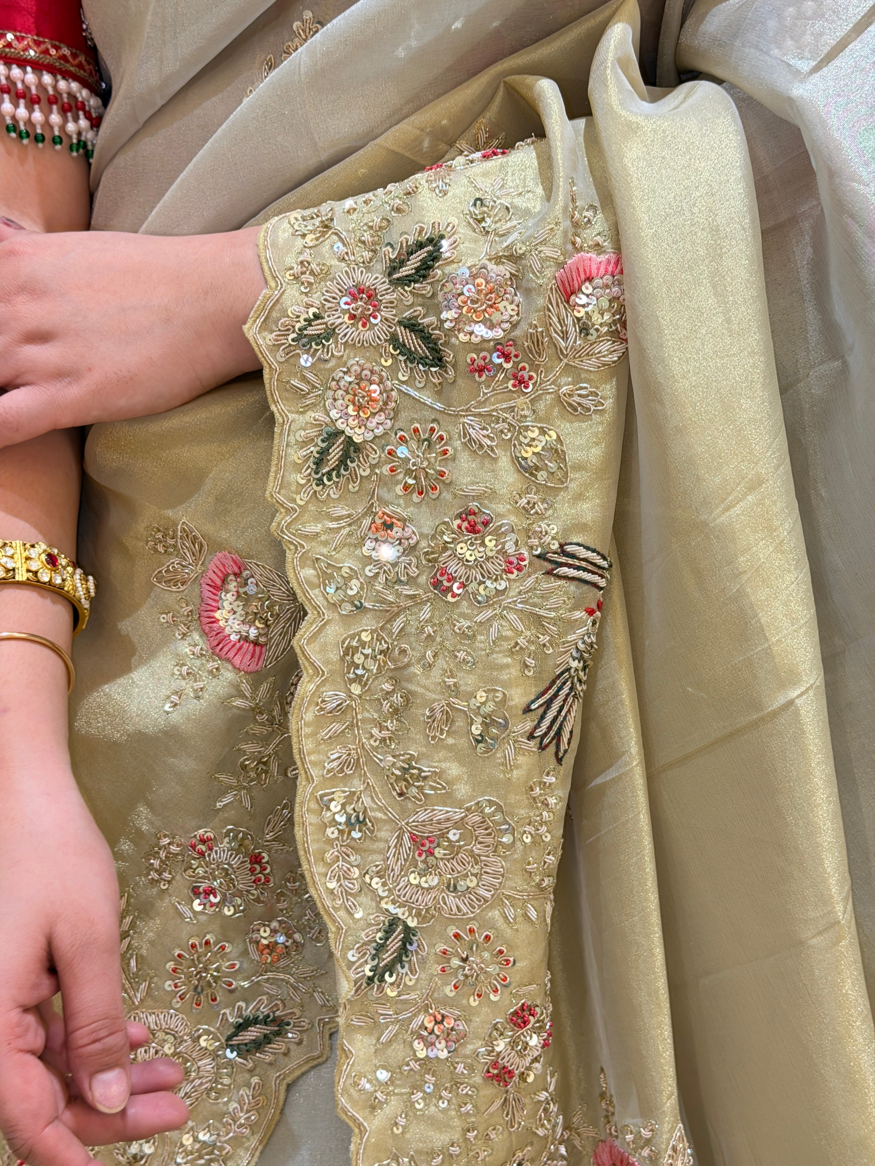 Aadhya Tissue Gold Ivory Zardozi Bridal  Silk Saree