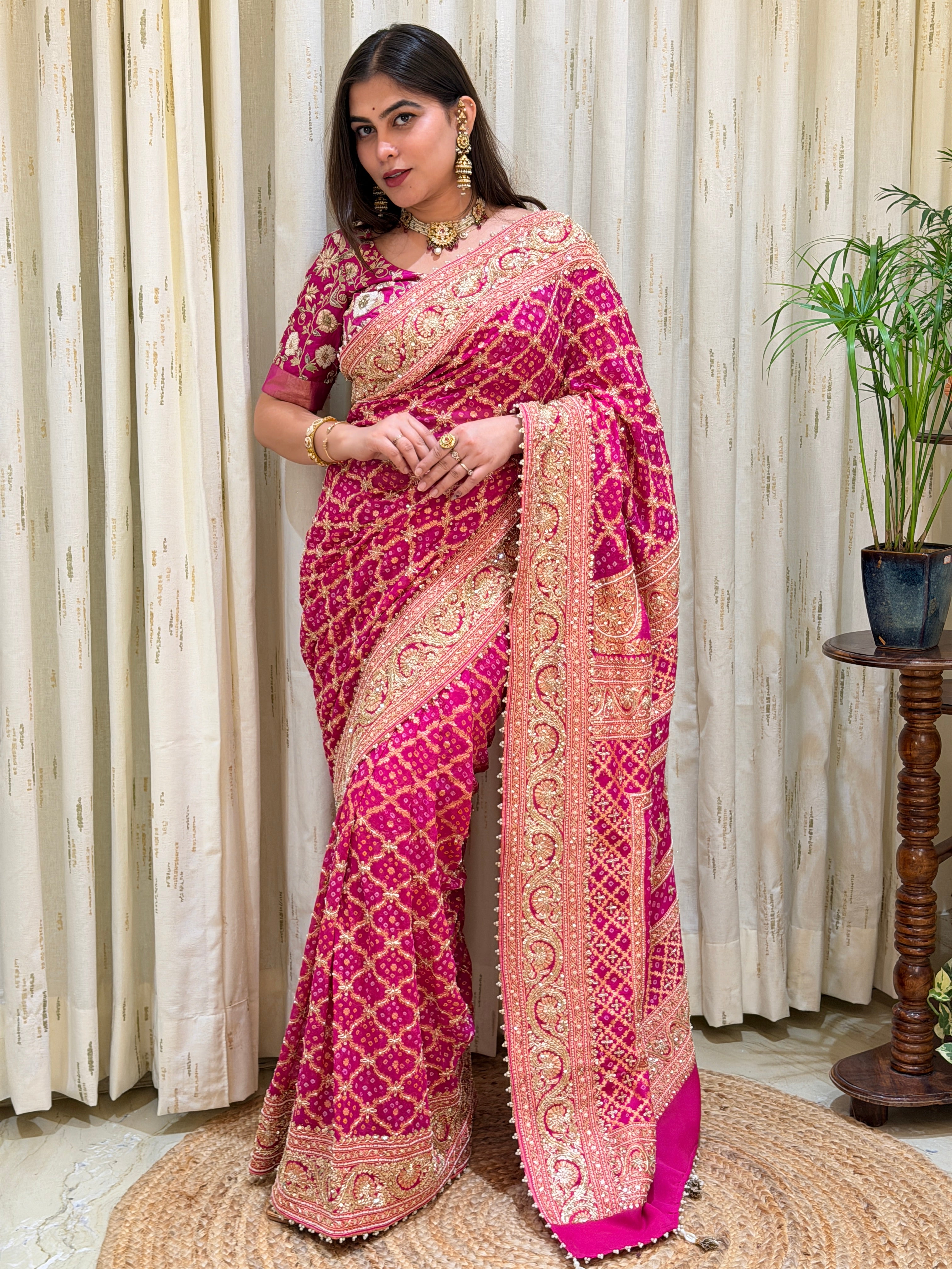 Deveshi Pink Khadi Georgette Bandhani Saree