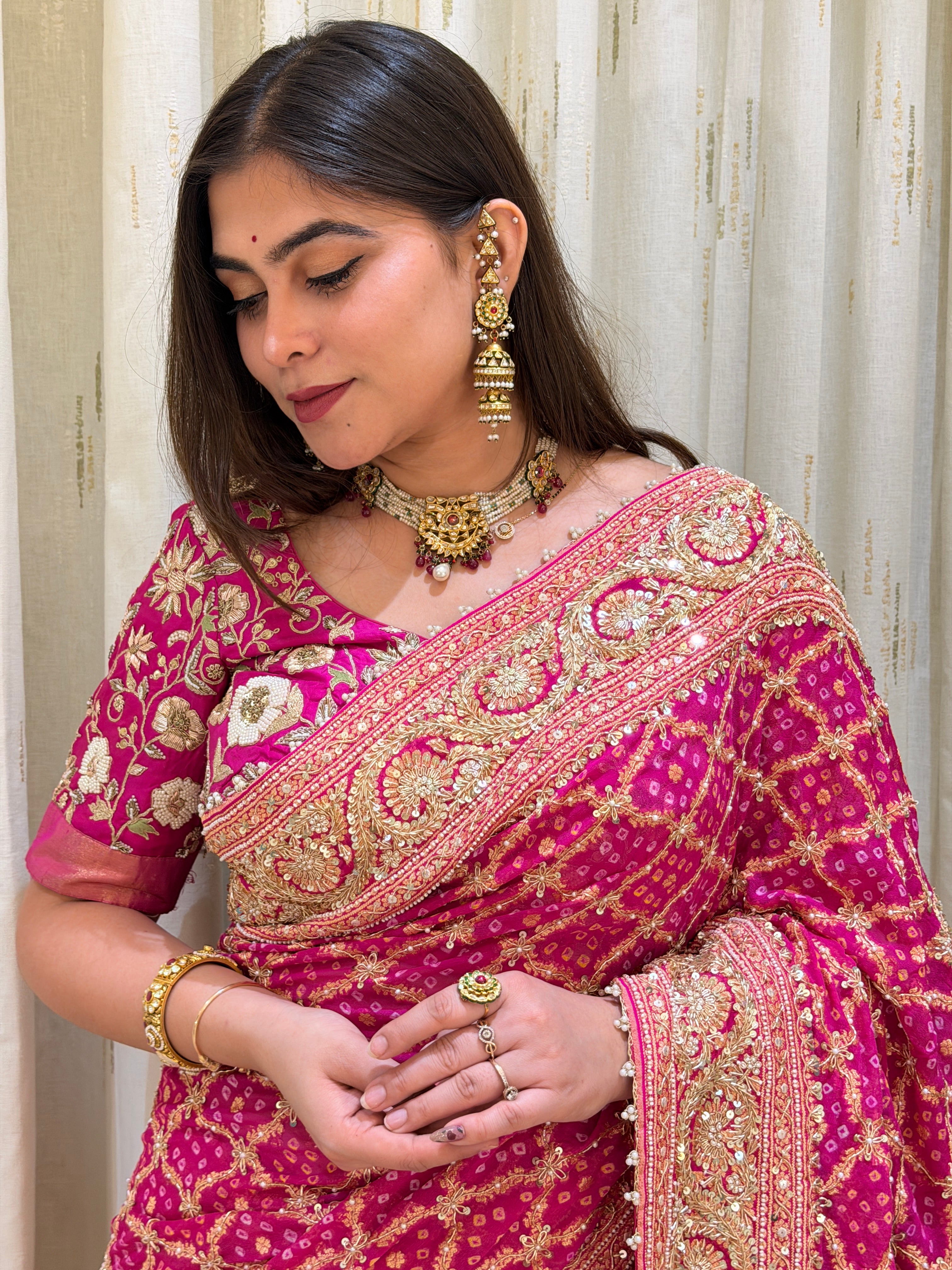 Deveshi Pink Khadi Georgette Bandhani Saree