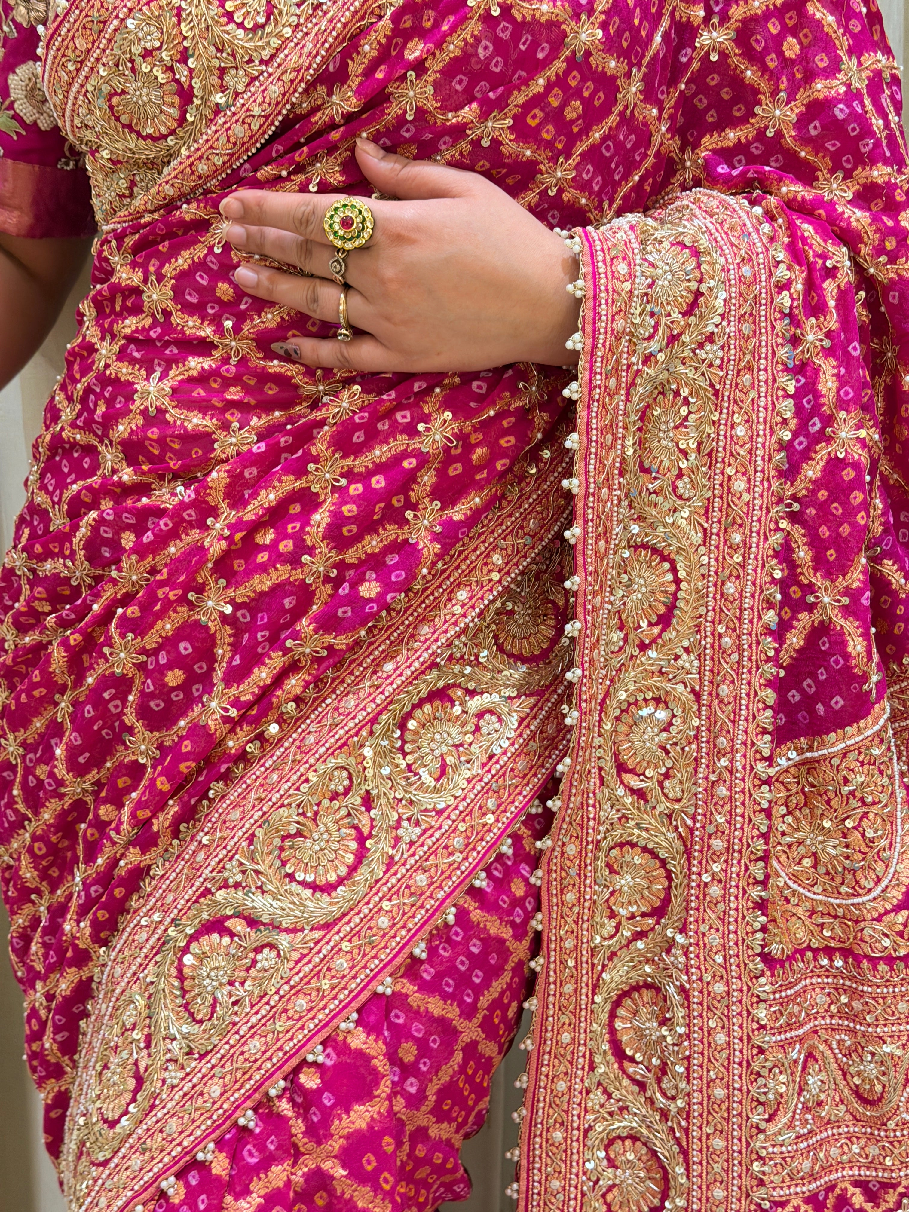 Deveshi Pink Khadi Georgette Bandhani Saree