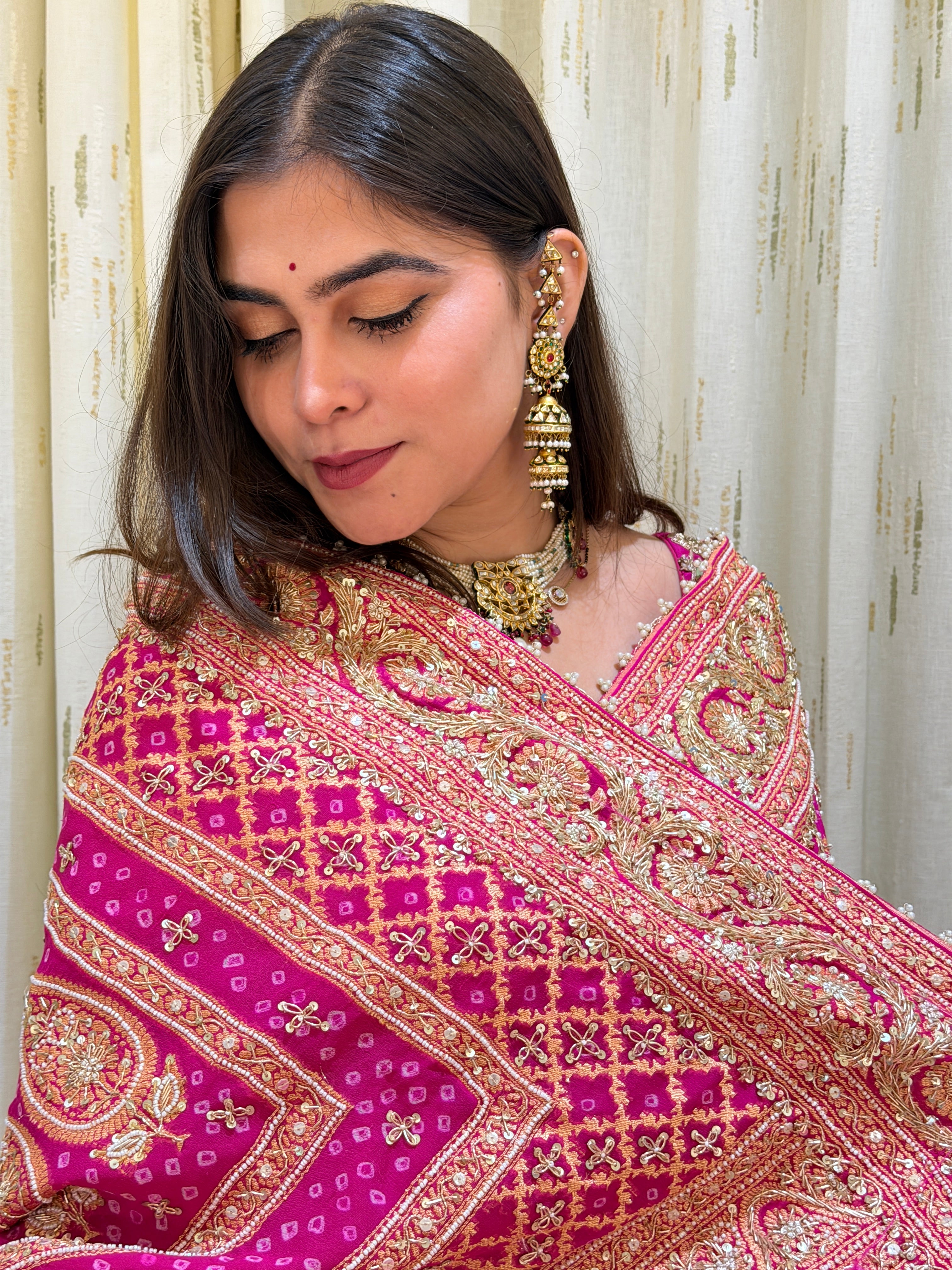 Deveshi Pink Khadi Georgette Bandhani Saree