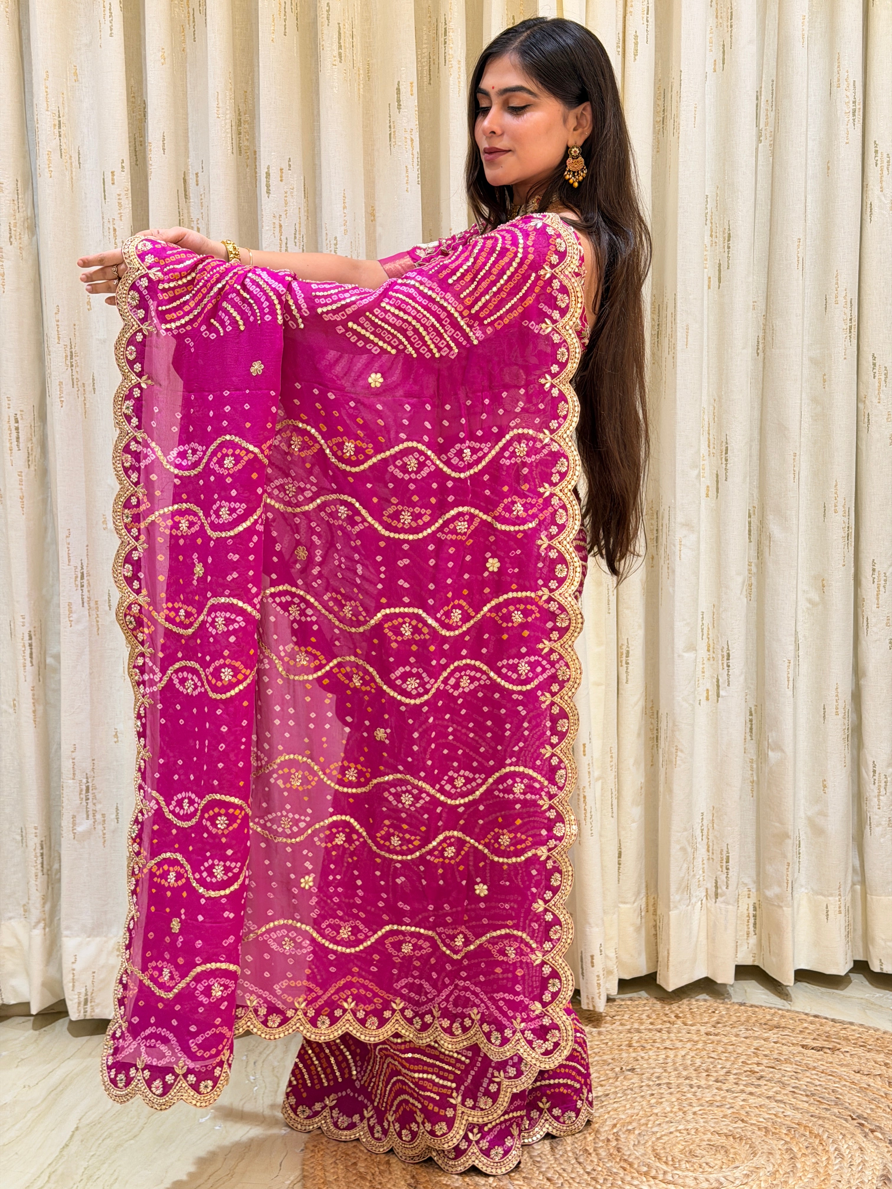 Riya Rani Pink Pure Chiffon Georgette Bandhani Saree