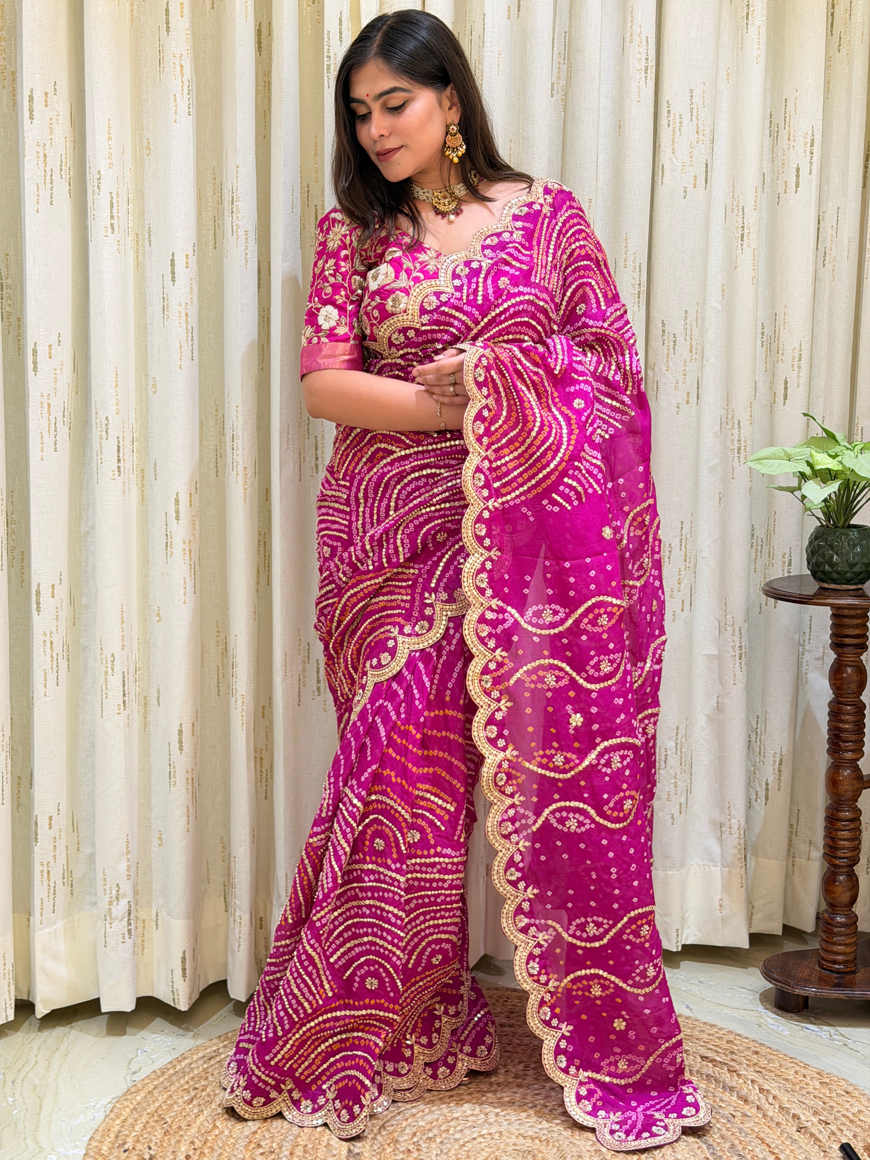 Riya Rani Pink Pure Chiffon Georgette Bandhani Saree