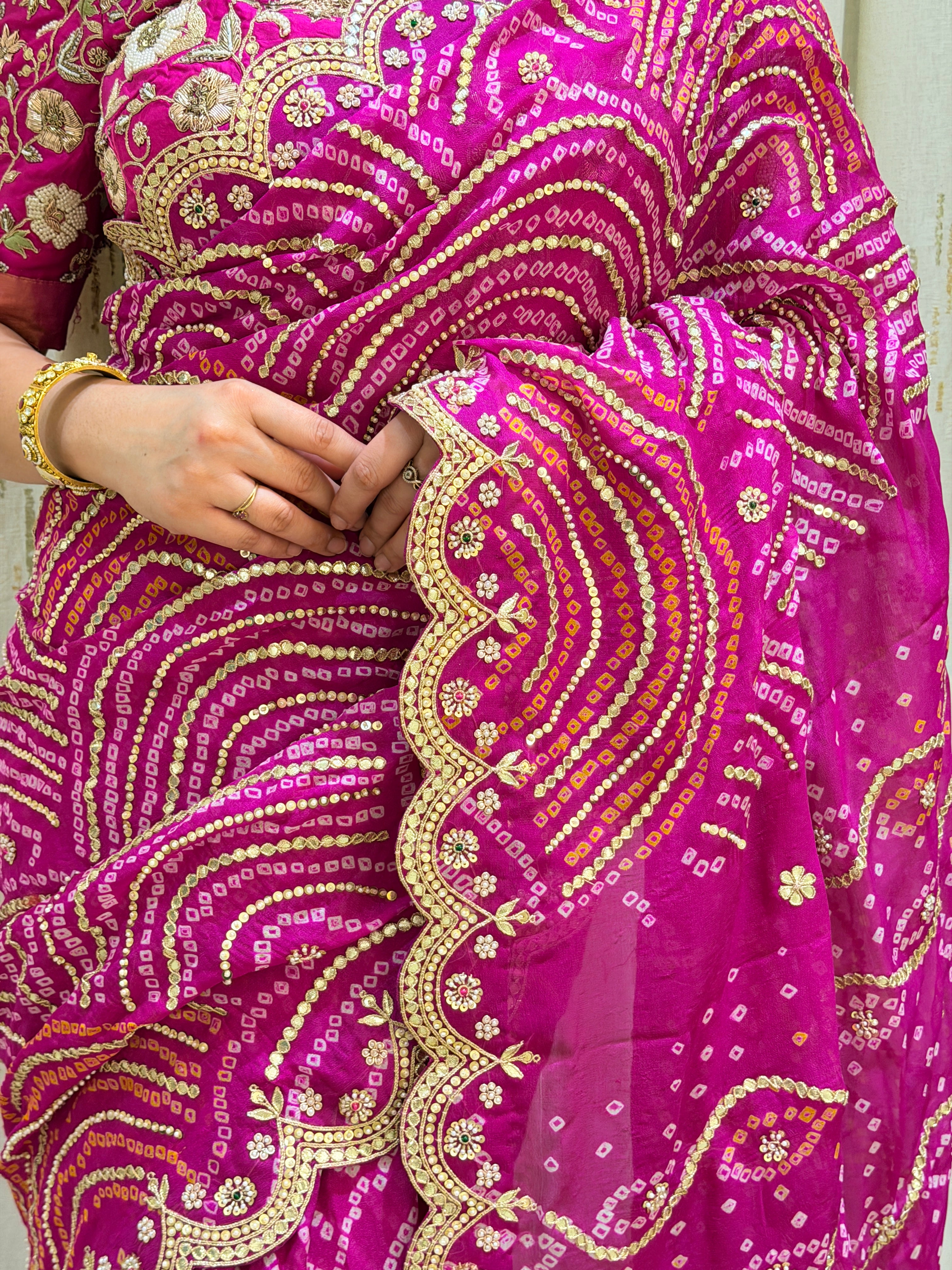 Riya Rani Pink Pure Chiffon Georgette Bandhani Saree