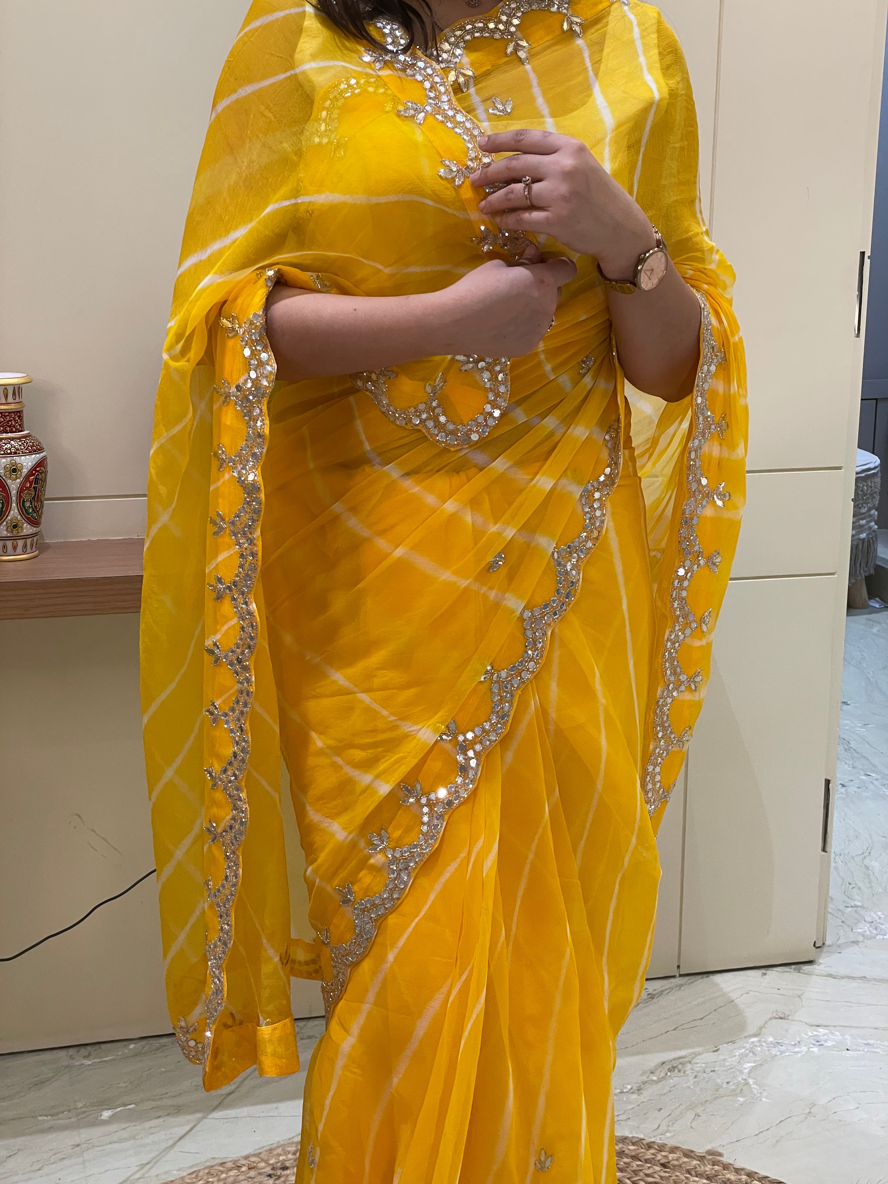 Snaya Yellow Leheriya Saree
