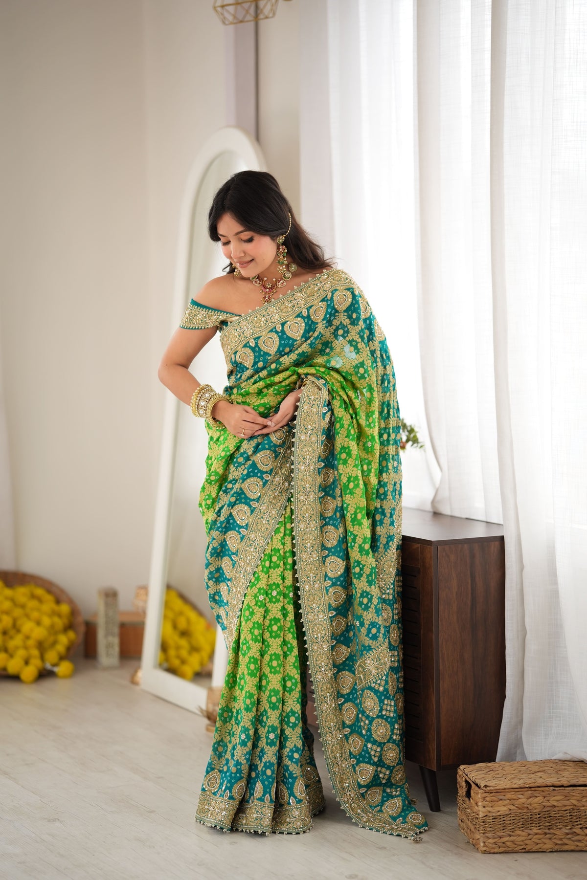 Arti Chauhan Inspired Khadi Georgette Bandhani Saree