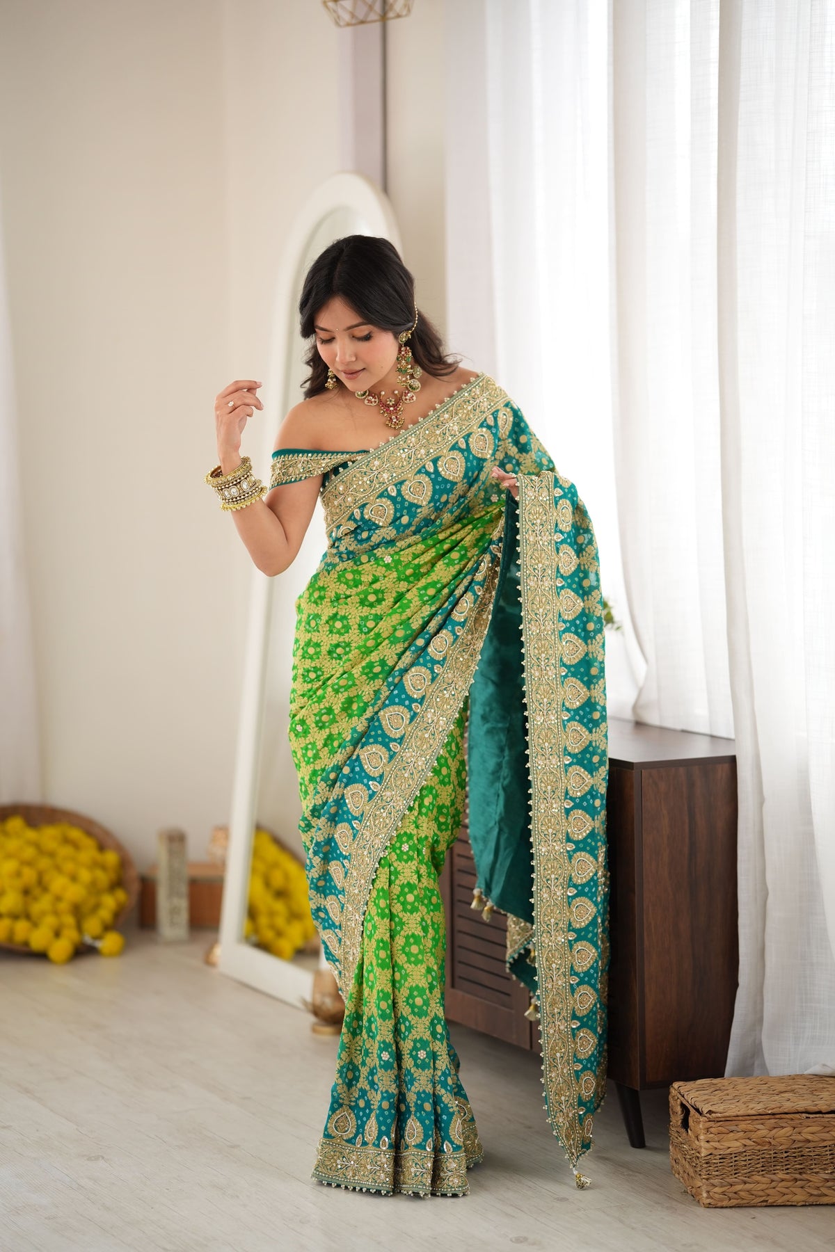 Arti Chauhan Inspired Khadi Georgette Bandhani Saree