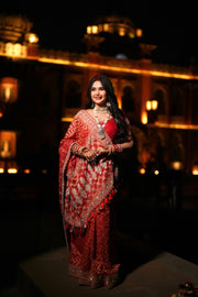 Divya Upadhyay Inspired Red Bandhani Khadi Georgette Saree