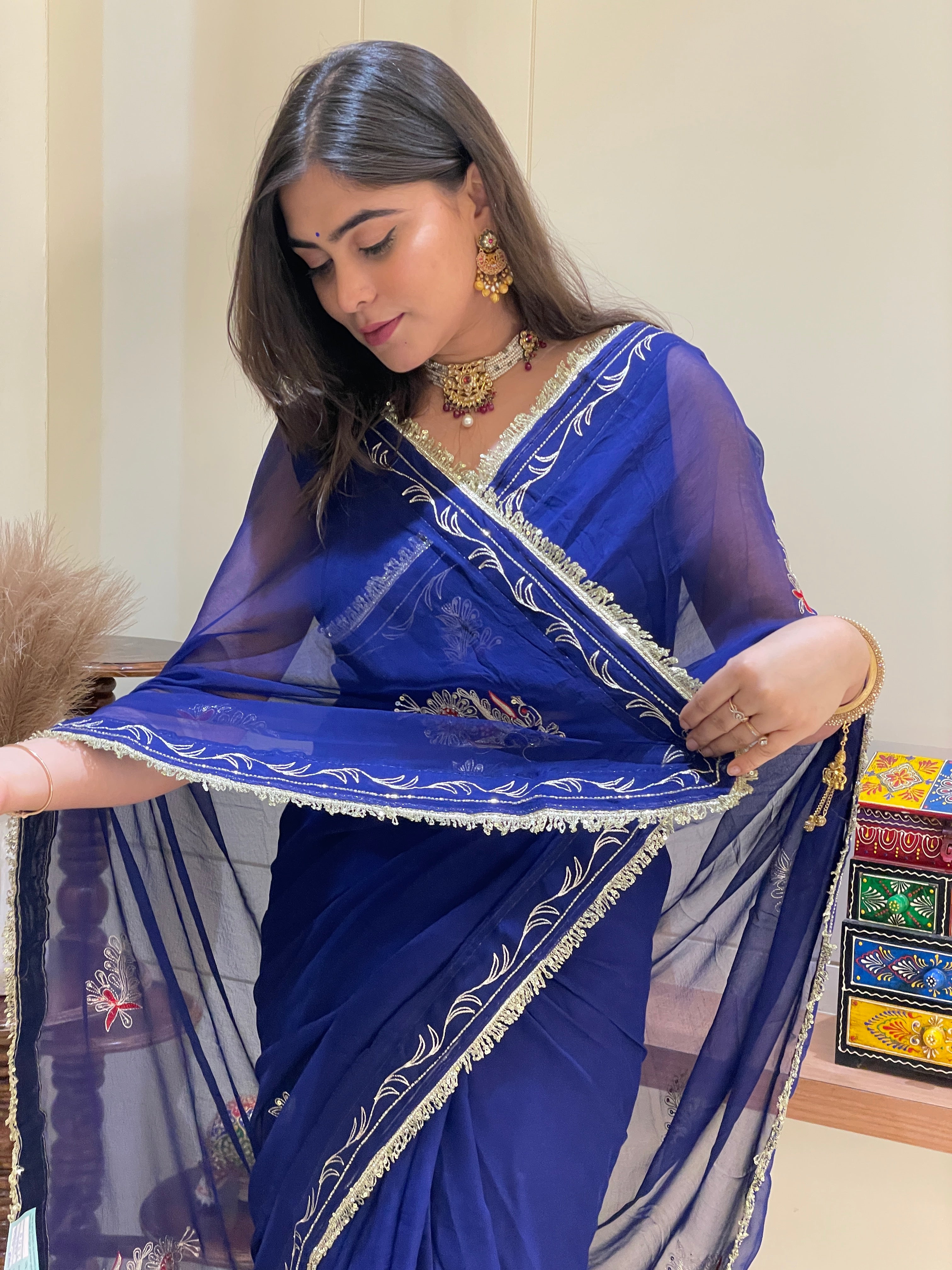 Avantika Blue Aari Tari Chiffon Saree