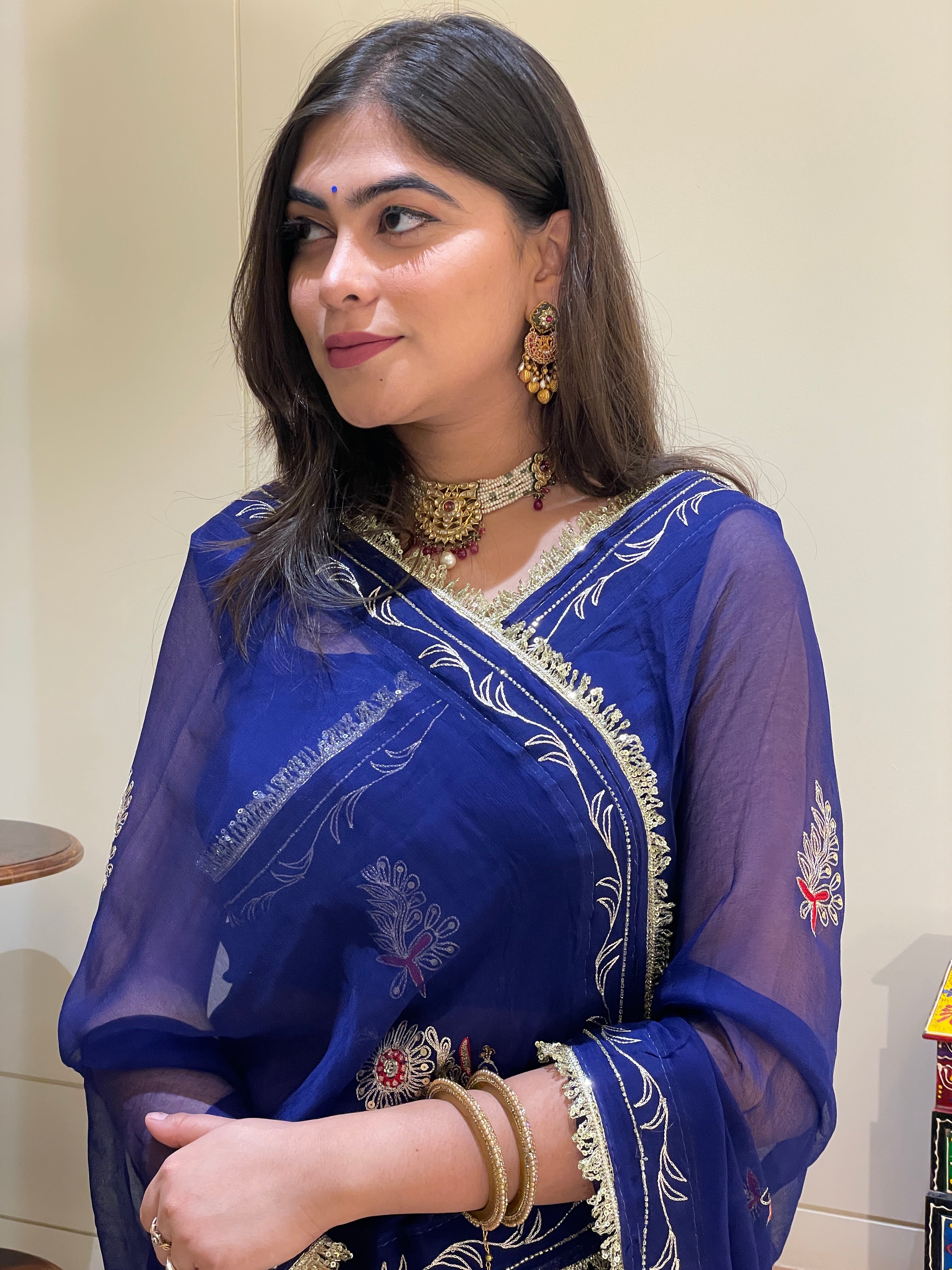 Avantika Blue Aari Tari Chiffon Saree