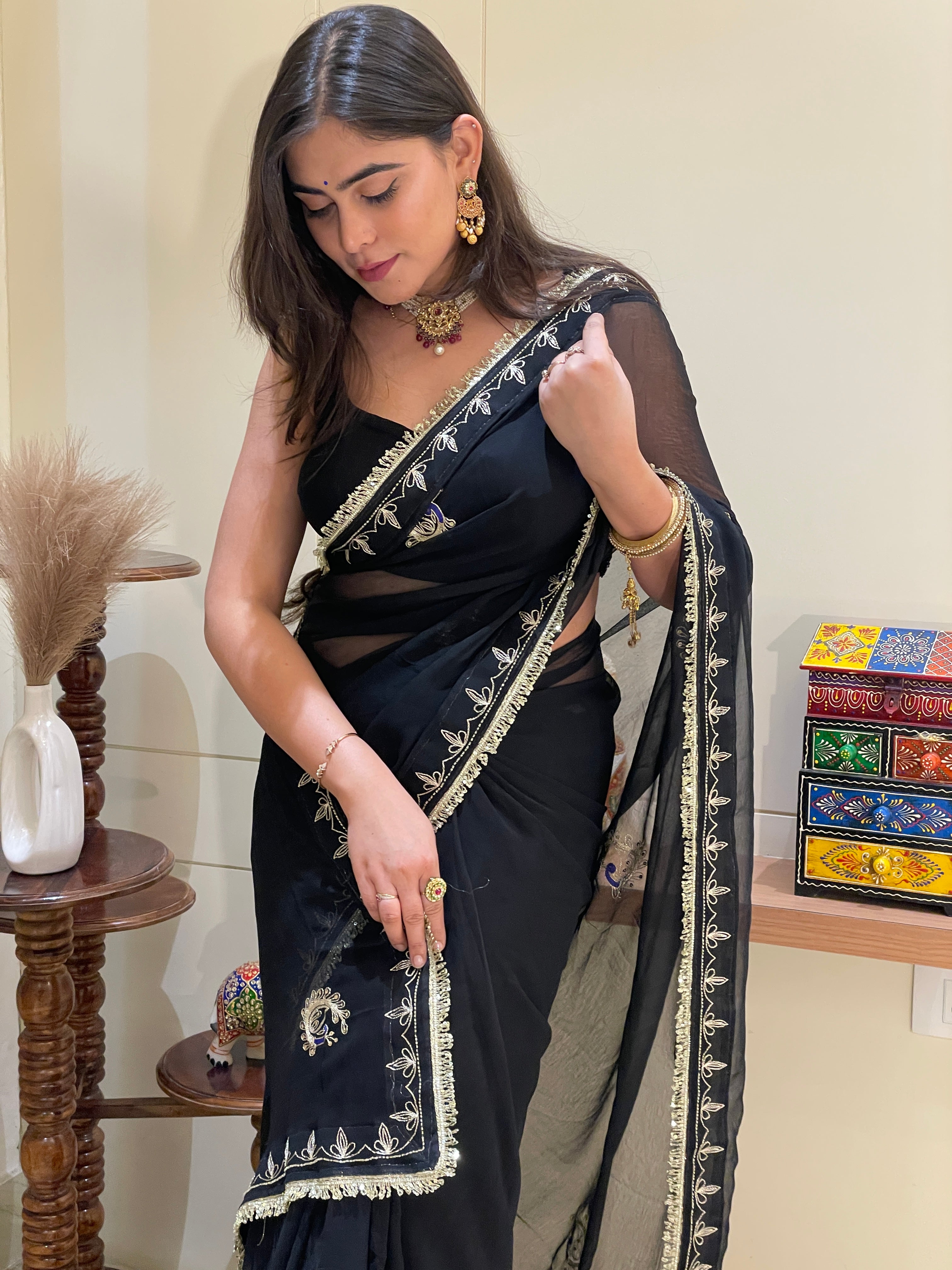 Ritu Black Aari Tari Chiffon Saree