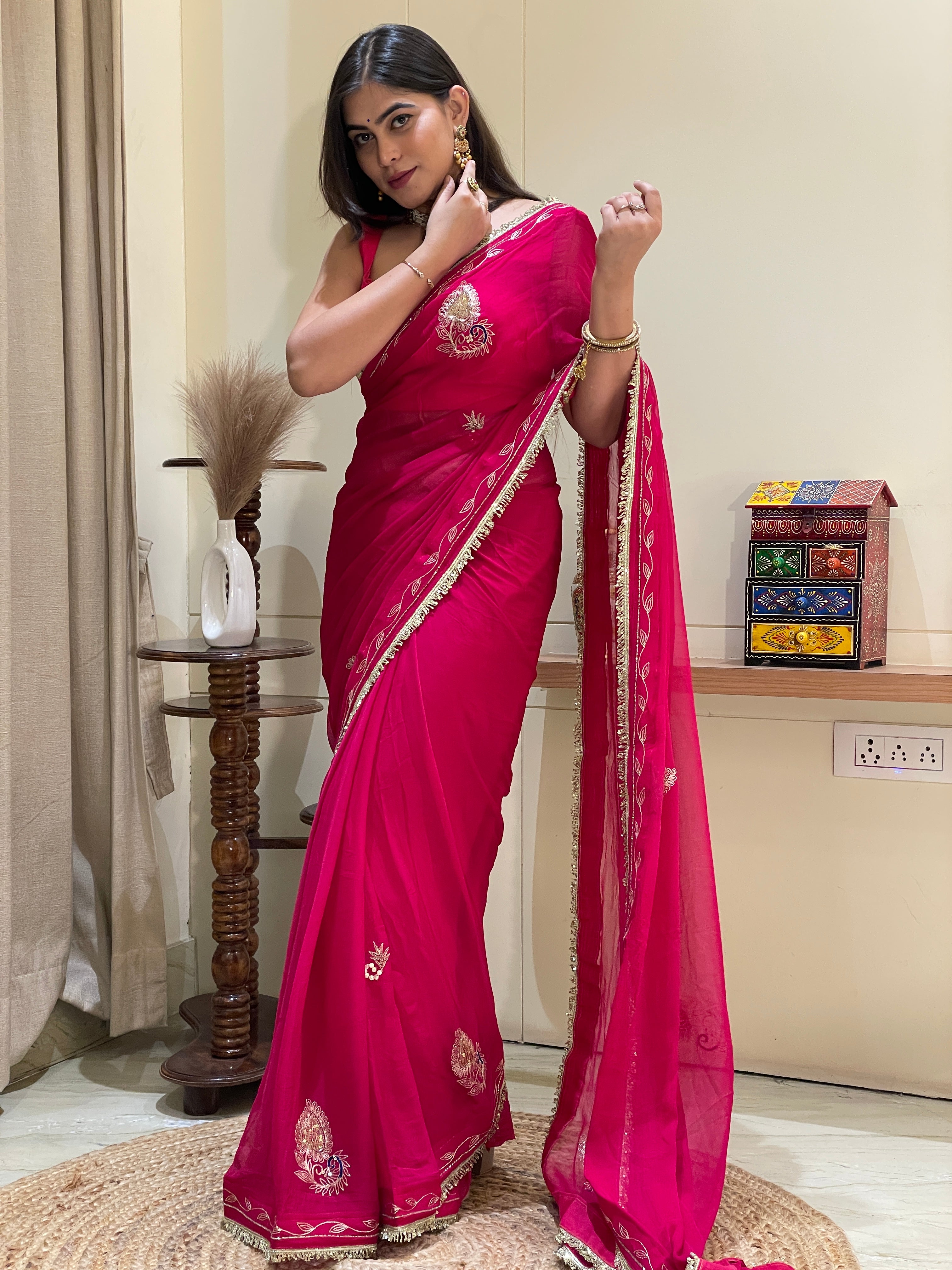Nisha Pink Aari Tari Chiffon Saree
