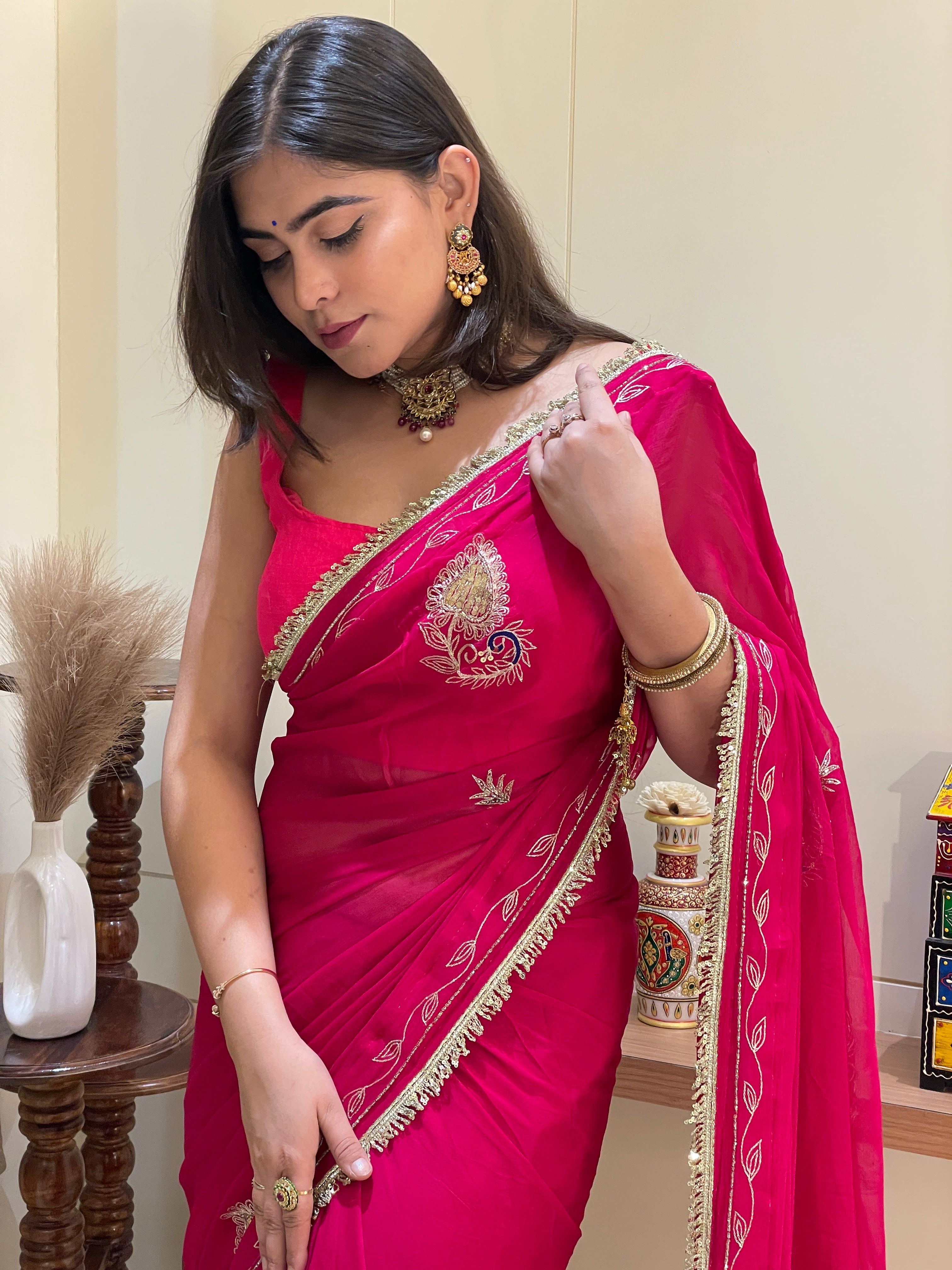 Nisha Pink Aari Tari Chiffon Saree