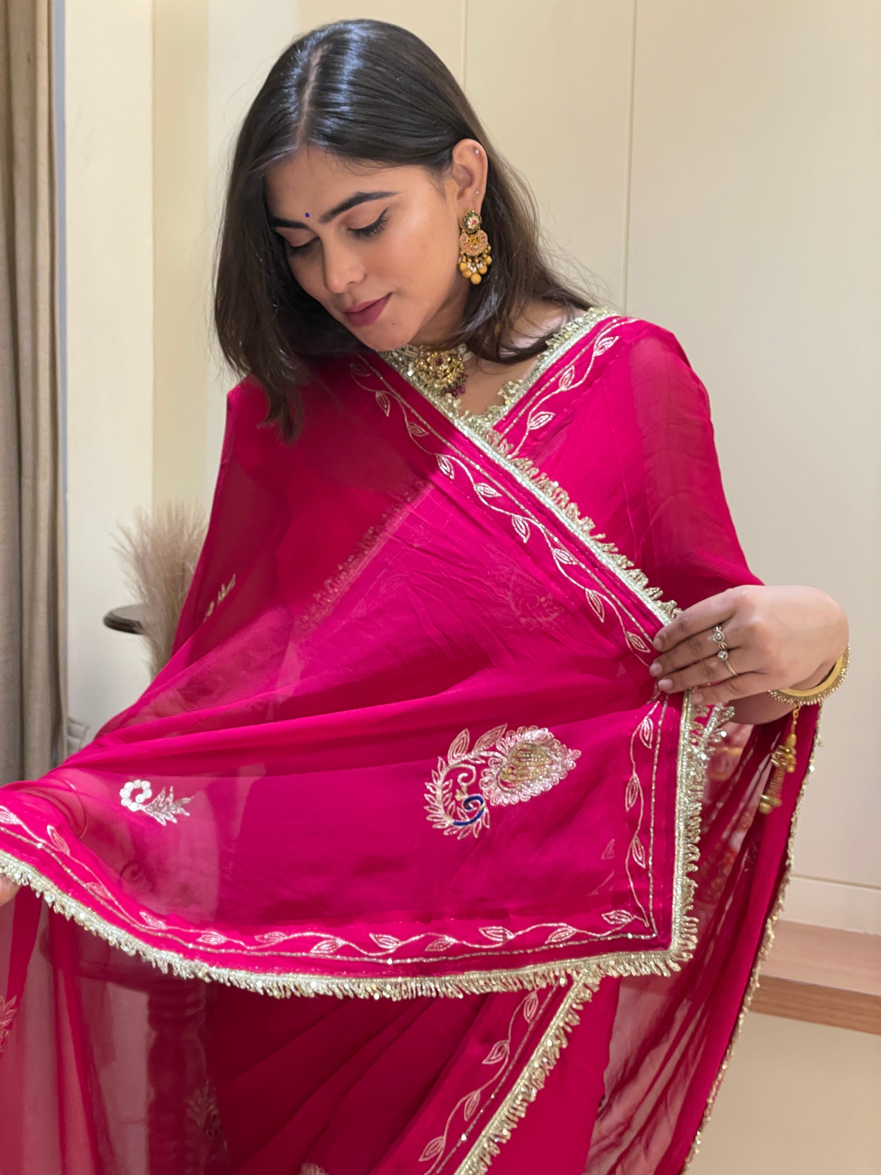 Nisha Pink Aari Tari Chiffon Saree