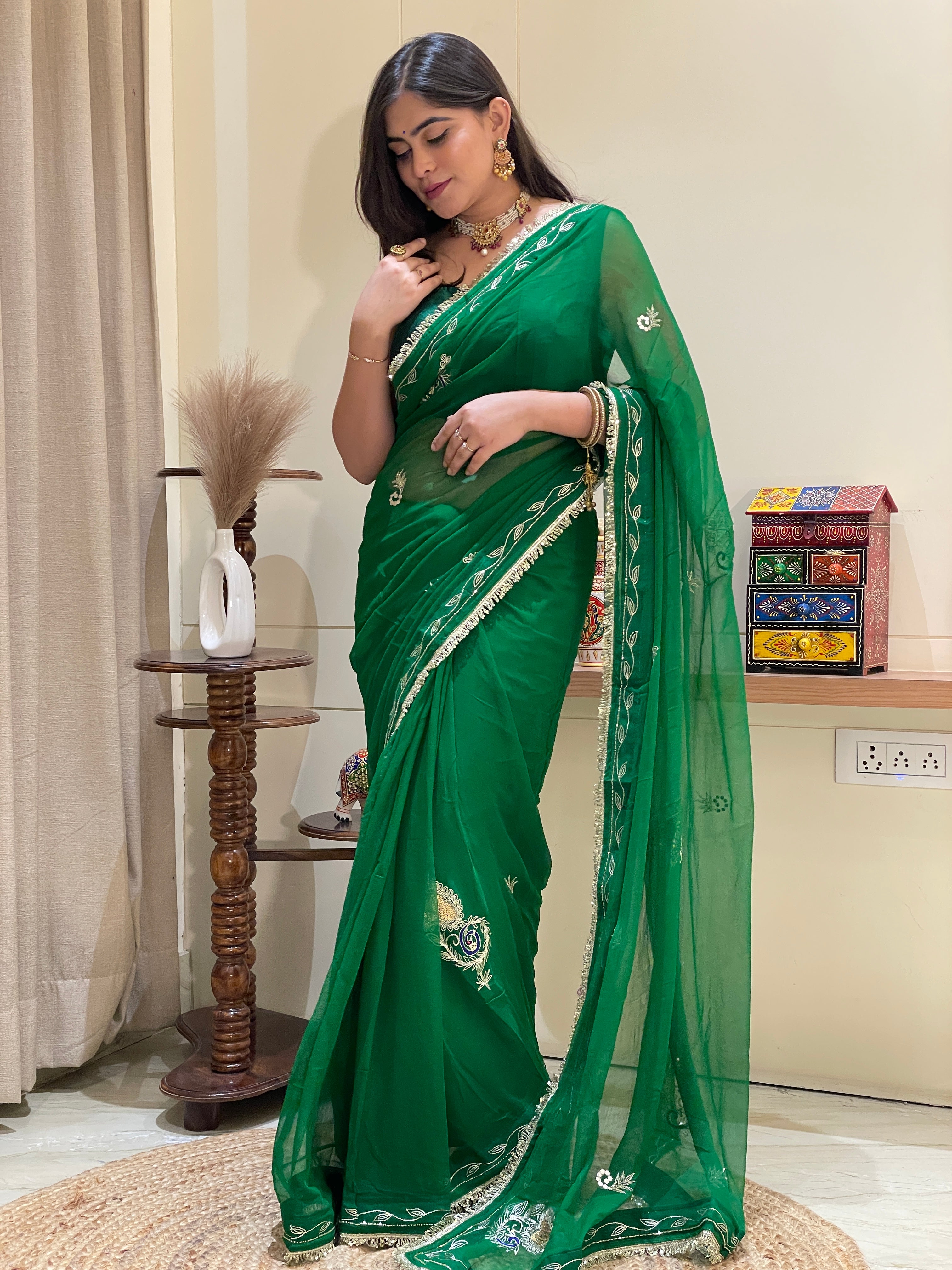 Pratibha Green Aari Tari Chiffon Saree