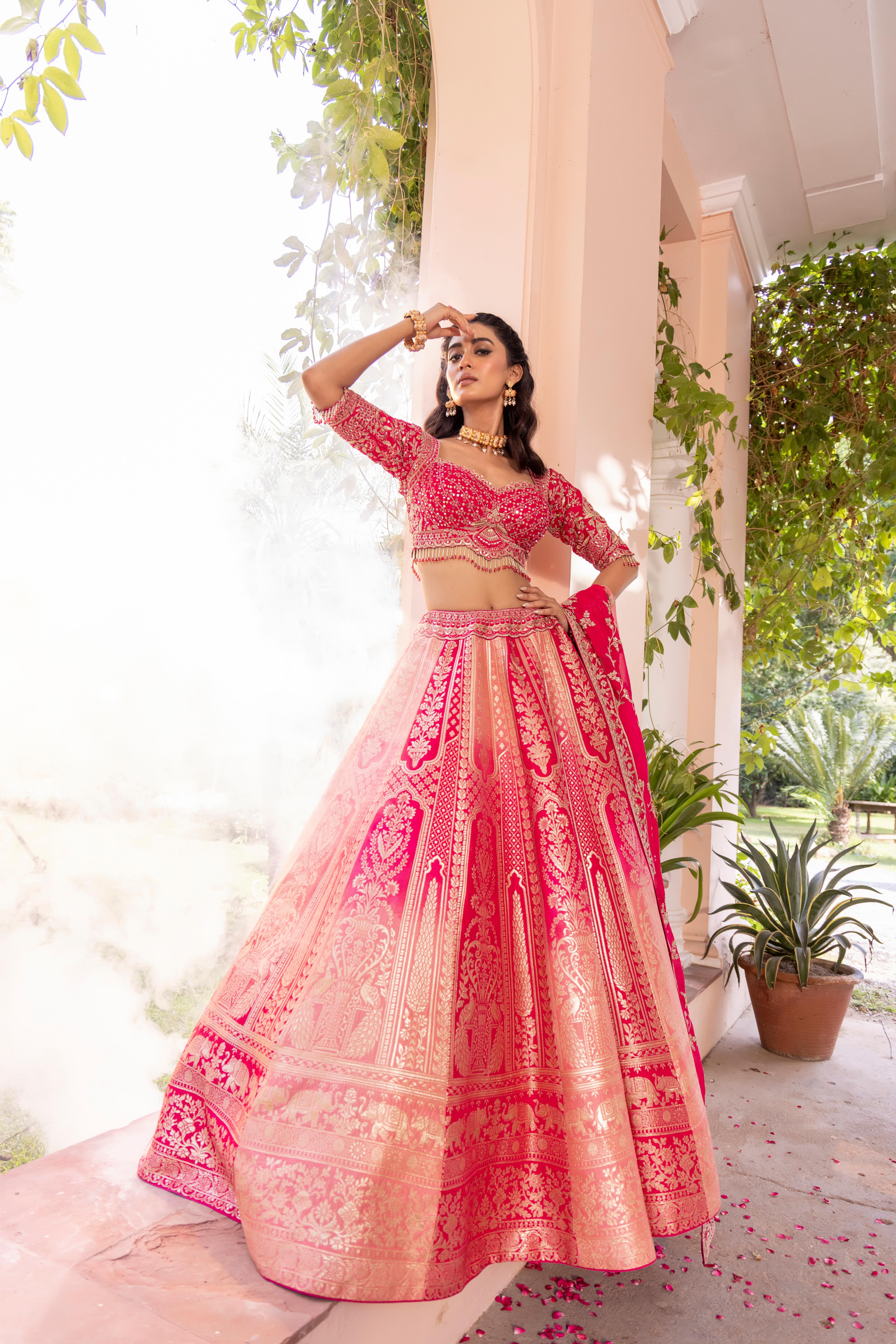 Aabira Pink Peach Banarasi Silk Lehenga