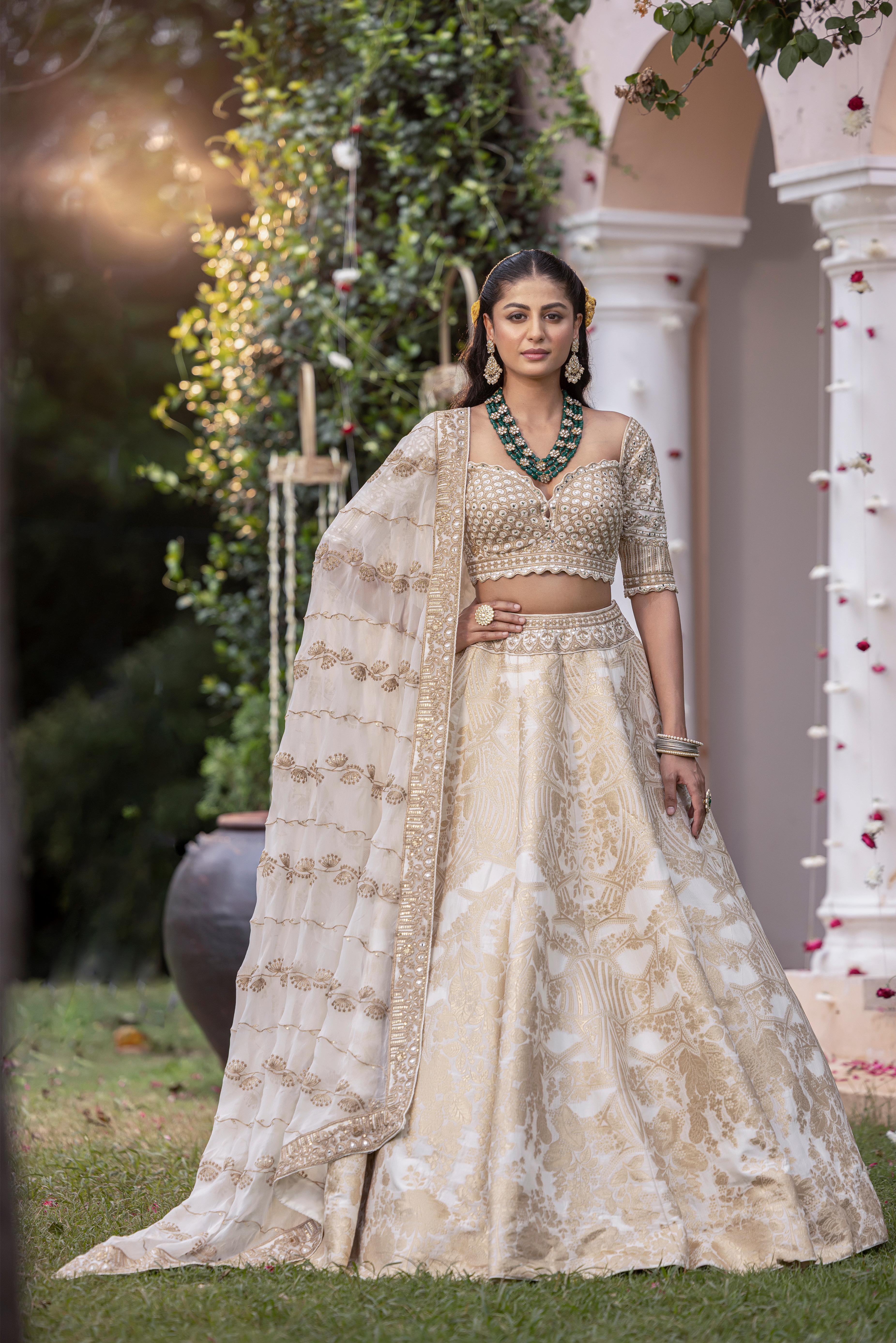 Meher Cream White Banarasi Silk Lehenga