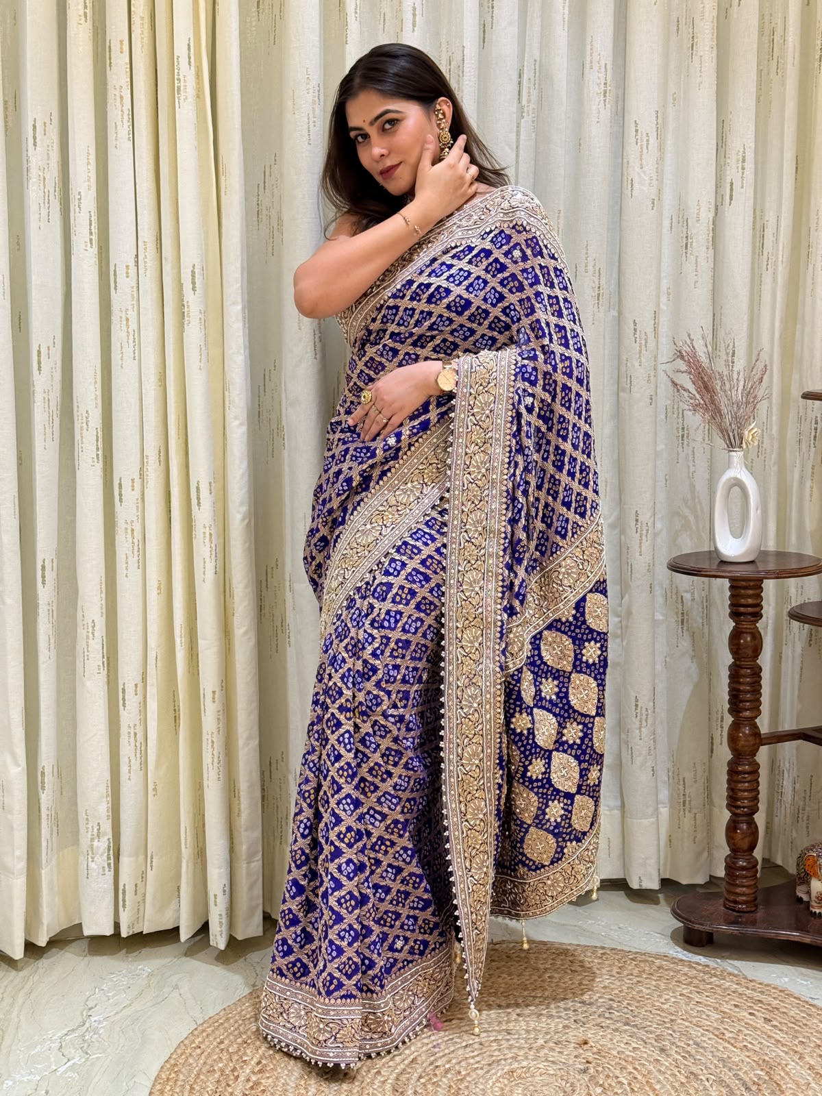 Royal Blue Bandhani Saree with Zari Border