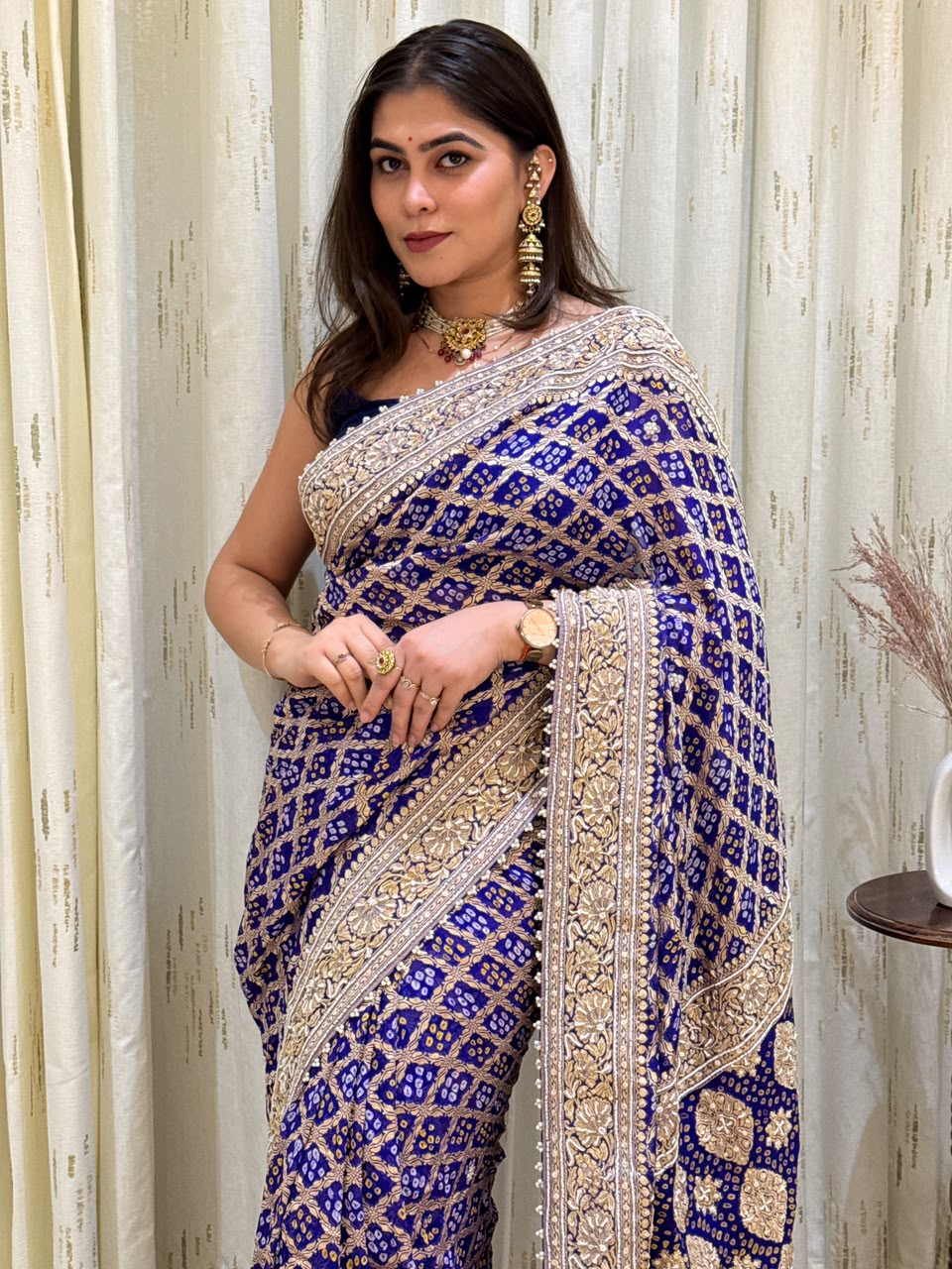 Royal Blue Bandhani Saree with Zari Border