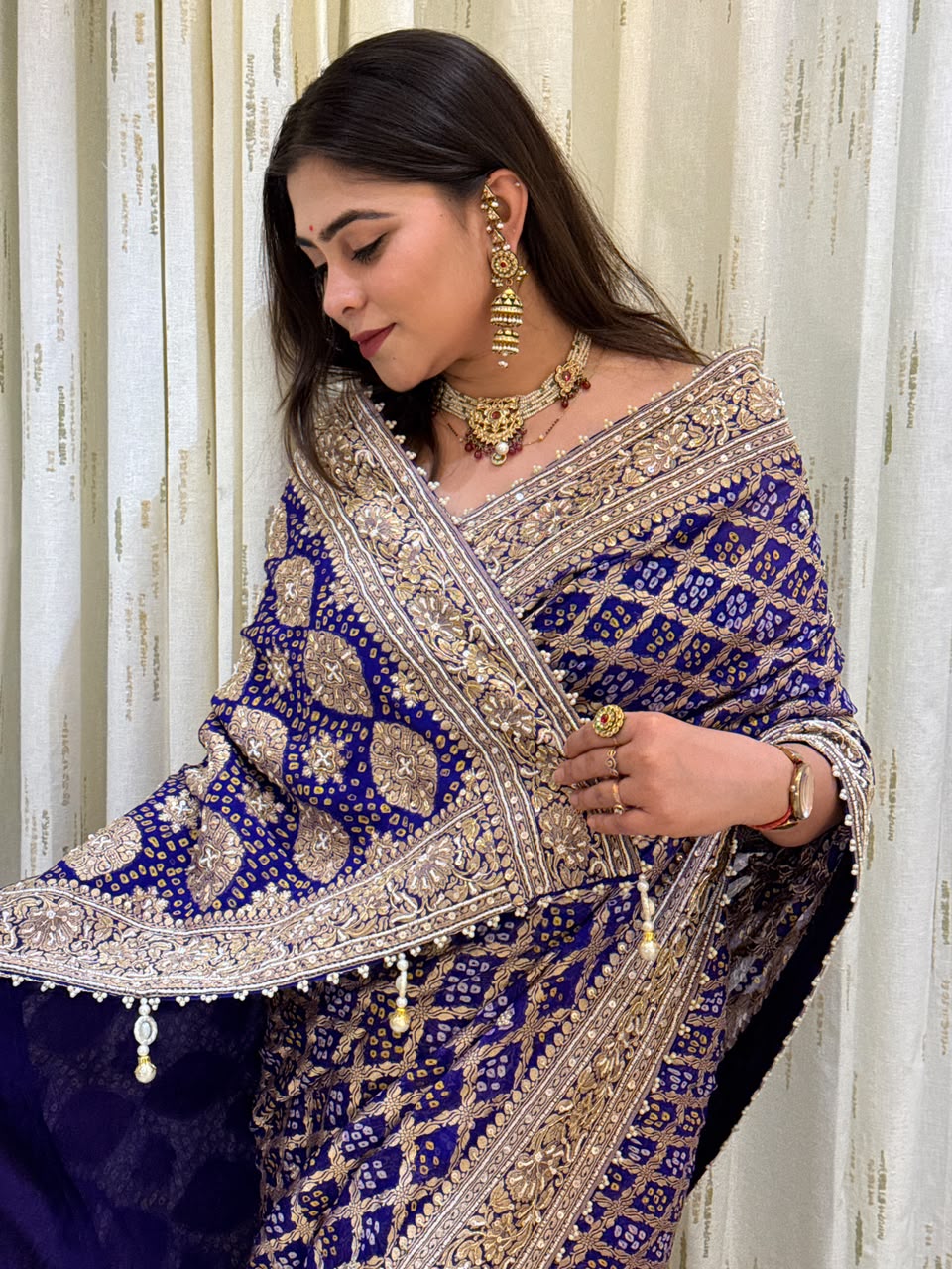 Royal Blue Bandhani Saree with Zari Border