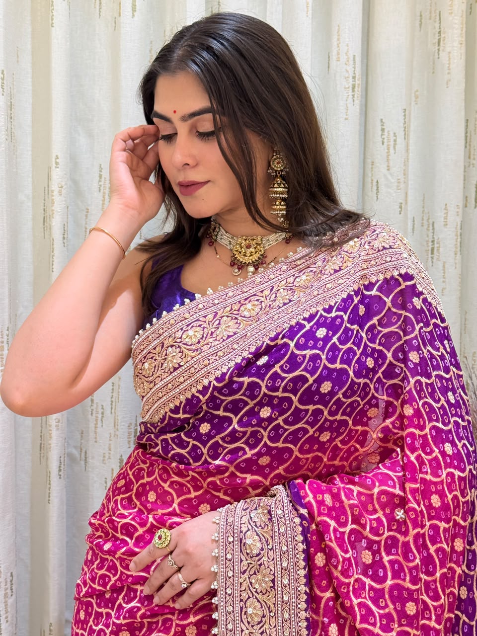 Plum & Pink Pearl-Edged Saree