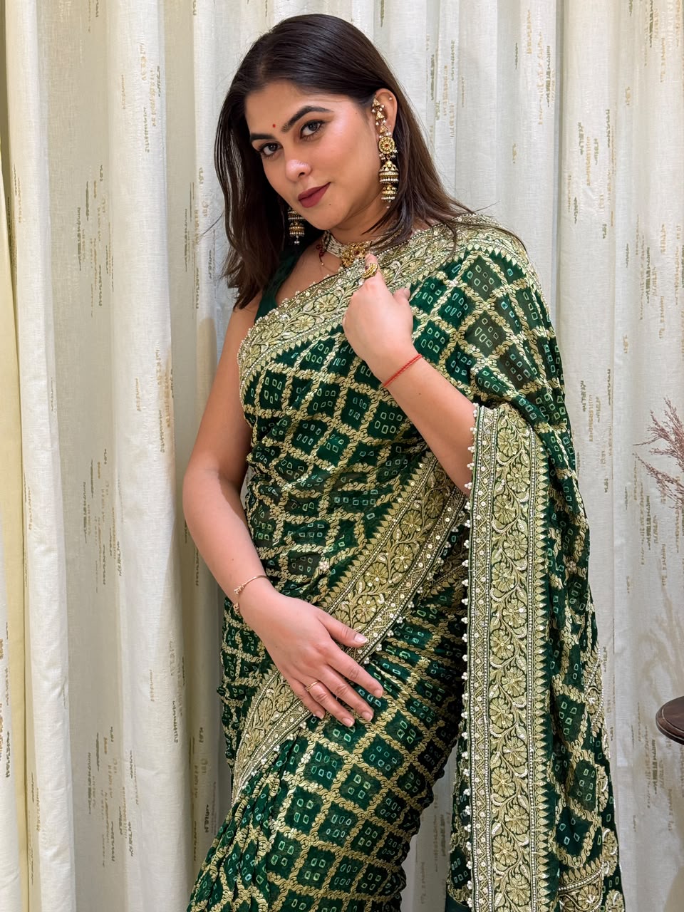 Green Pearl-Edged Saree