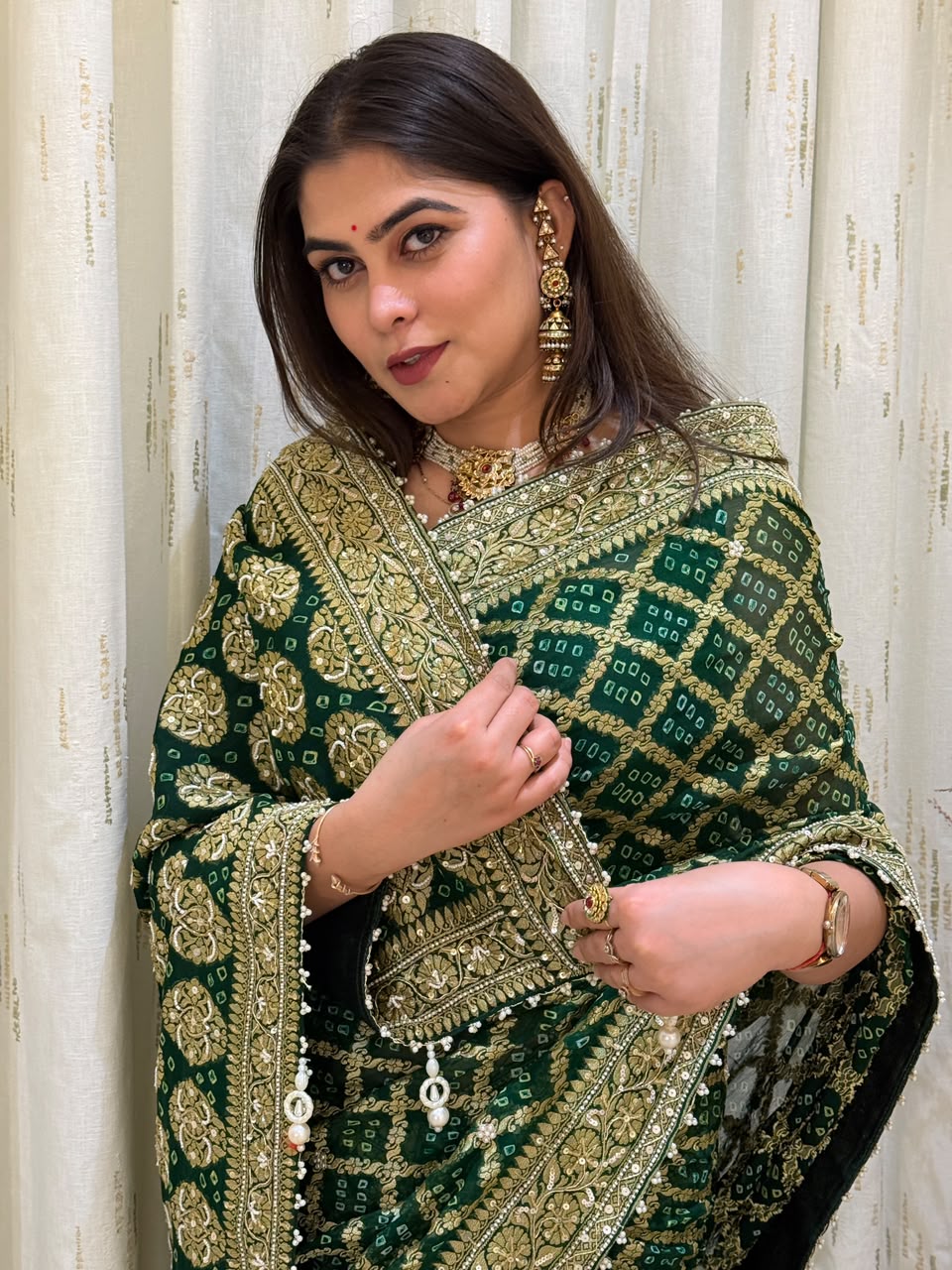 Green Pearl-Edged Saree