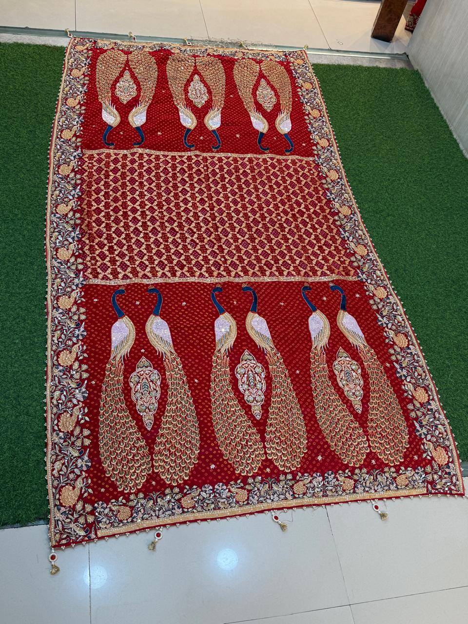 Royal Peacock Red Bandhani Zardozi Dupatta