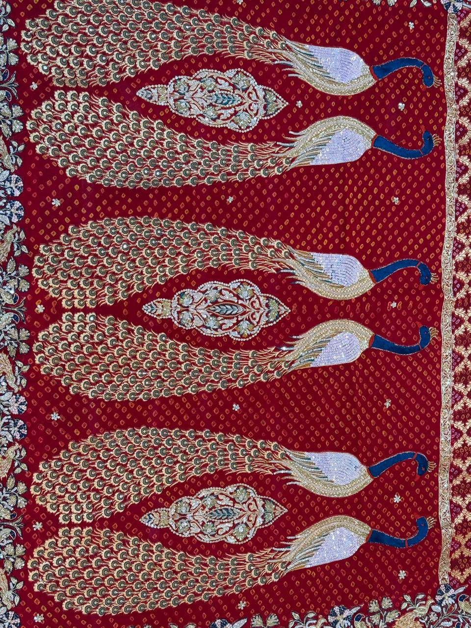 Royal Peacock Red Bandhani Zardozi Dupatta