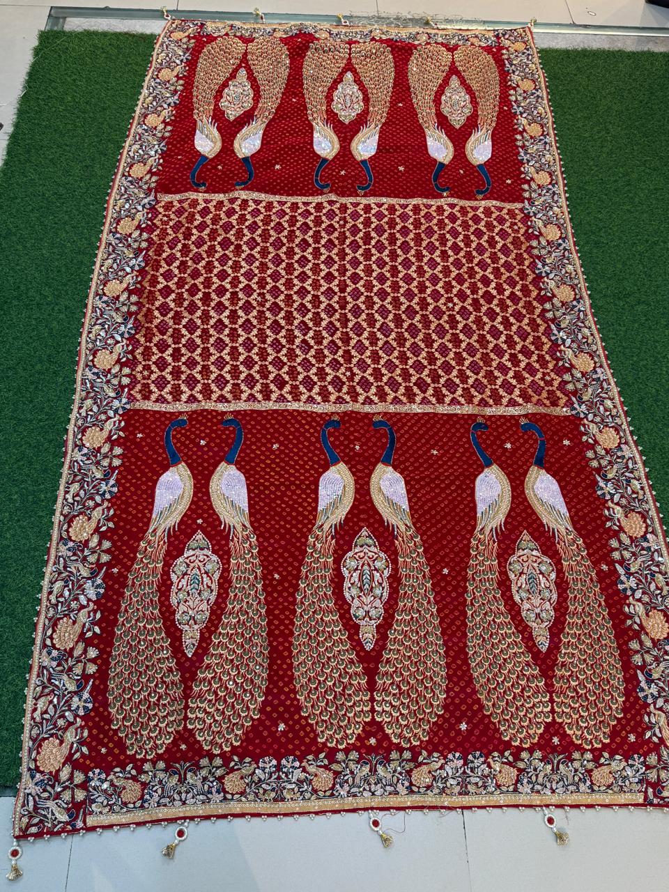 Royal Peacock Red Bandhani Zardozi Dupatta