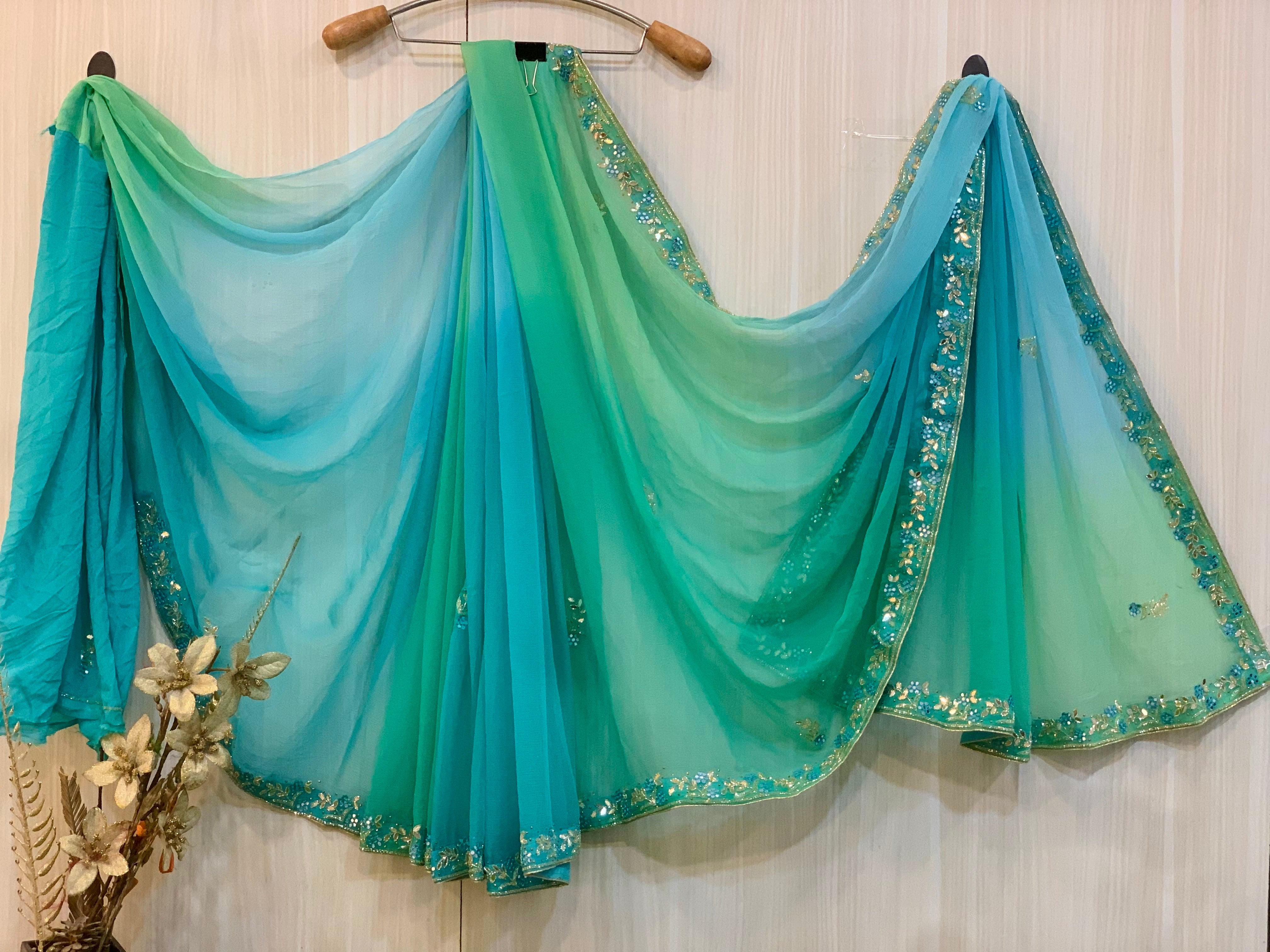 Paikar Blue & Green Chiffon Saree