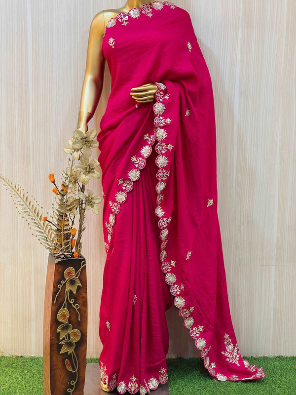 Dark Pink Mandali Silk Zardozi Work Saree With Blouse – Daabu Jaipur