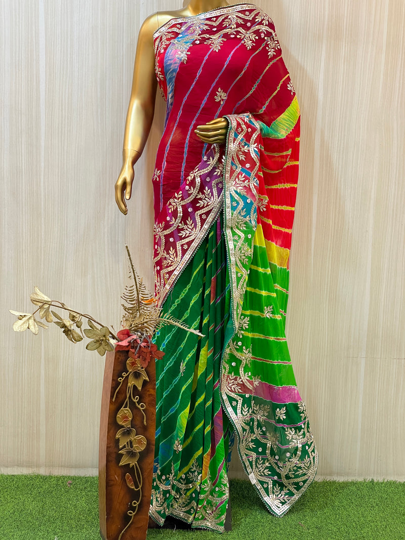 KQHK4006 Coral Pink Lehariya Dupion Saree With Gota Patti Embroidered  Border – Chhabra 555
