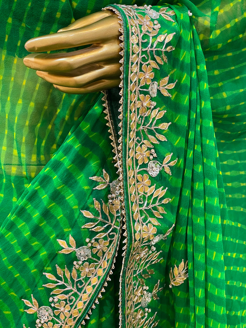 Leheriya Tussar Silk Saree with Gota Patti Work. – Zari Jaipur