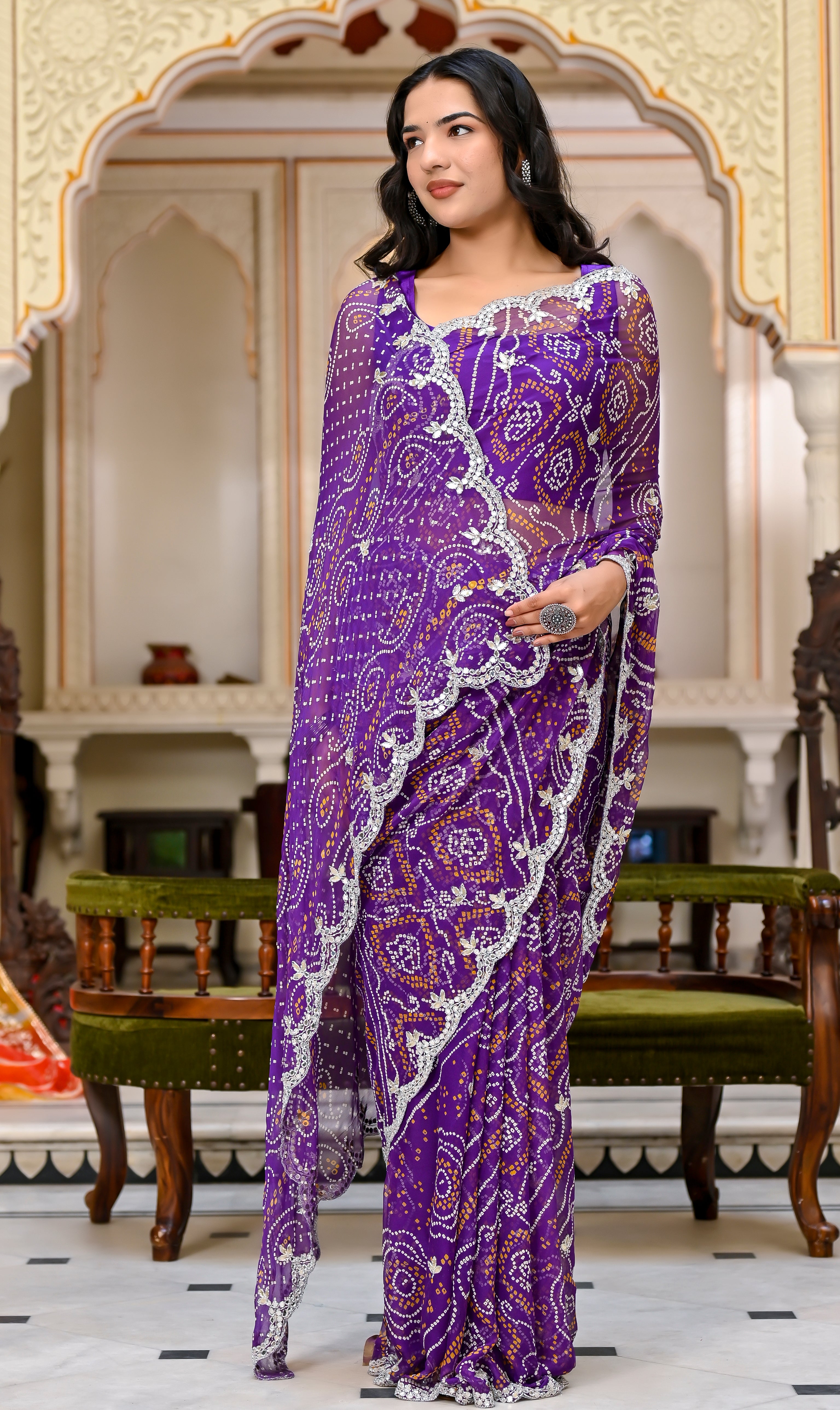 Deepika Purple bandhej Chiffon Saree