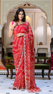 Deepika Red bandhej Chiffon Saree