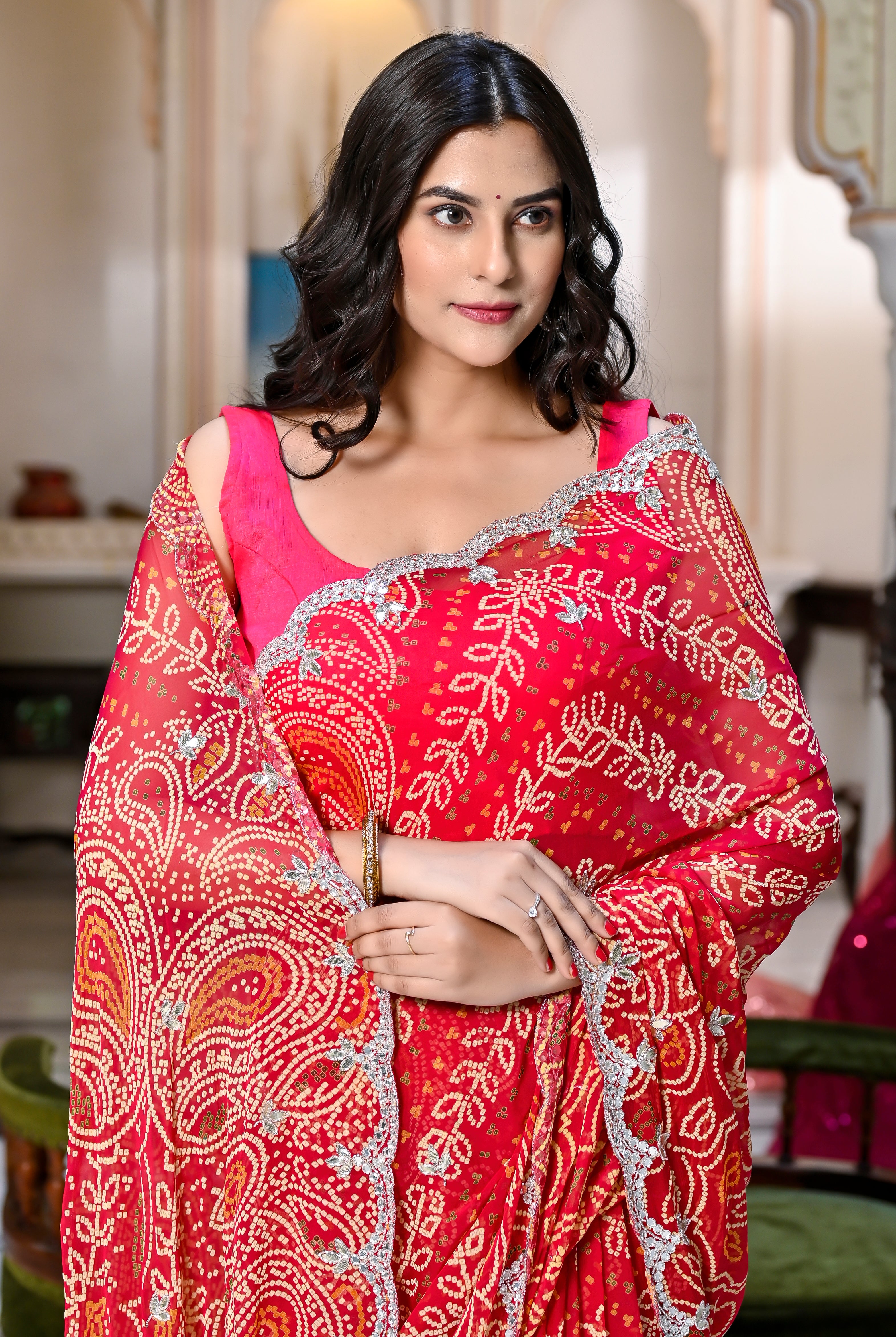 Deepika Red bandhej Chiffon Saree