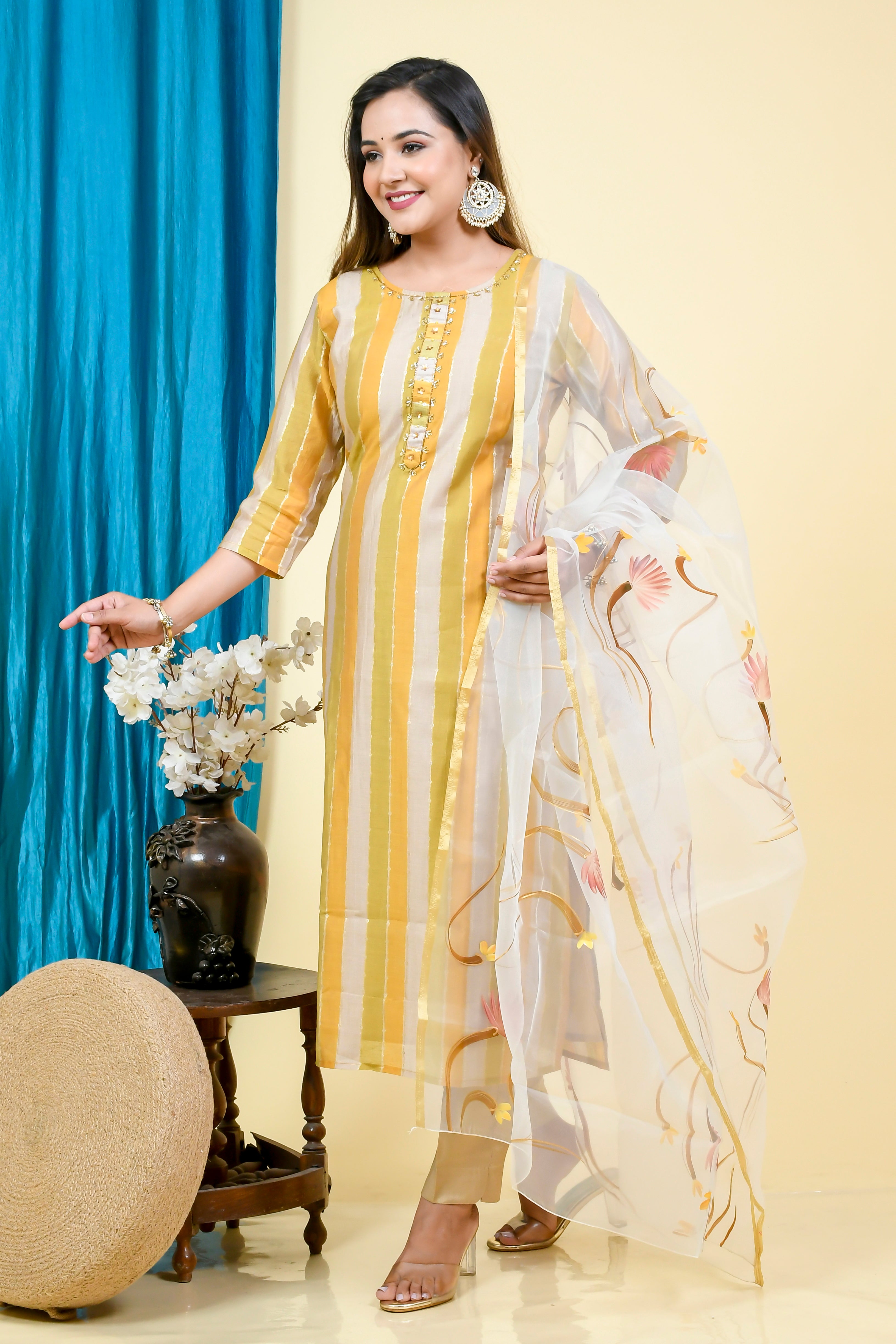 Yellow Striped Kurta Set