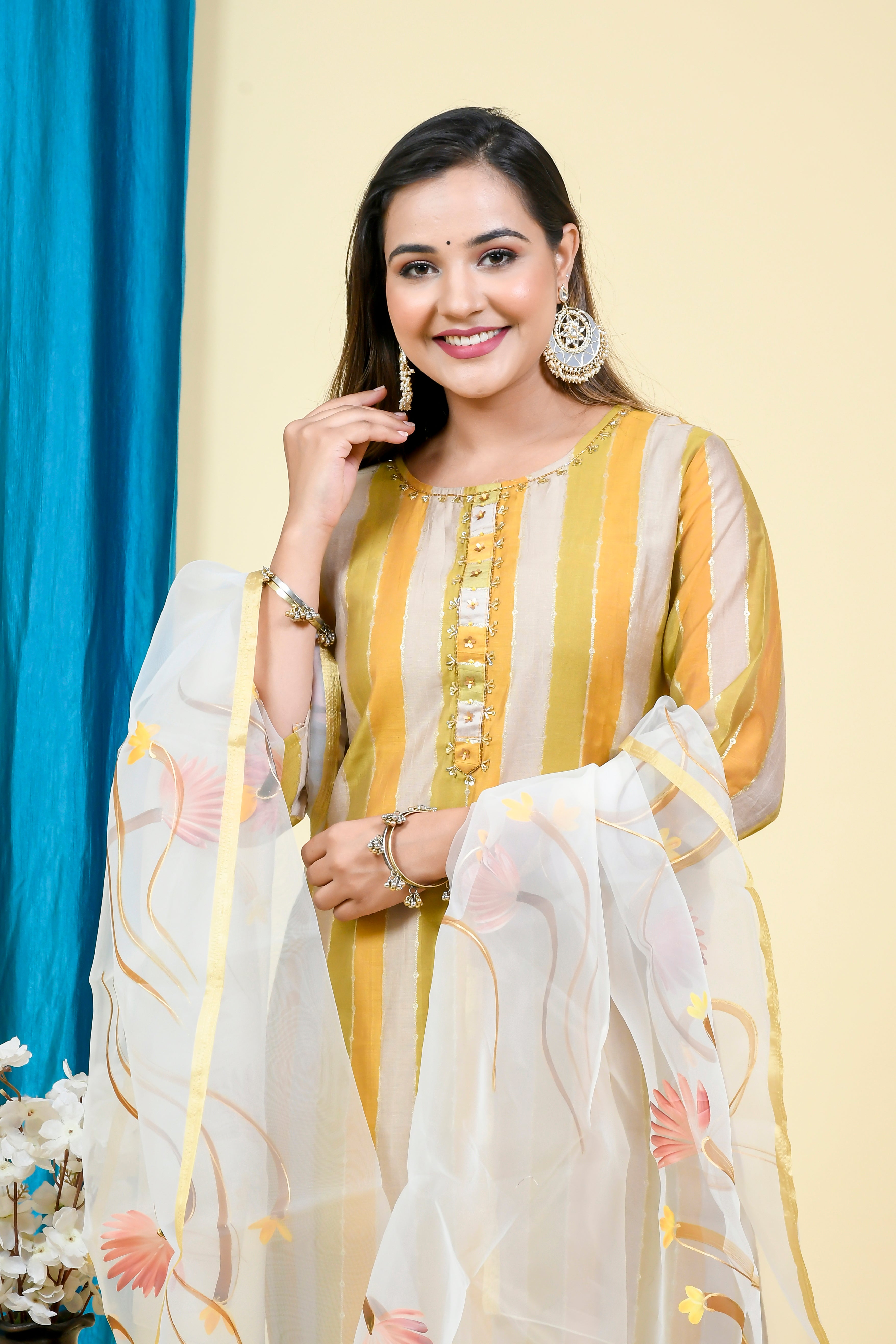 Yellow Striped Kurta Set