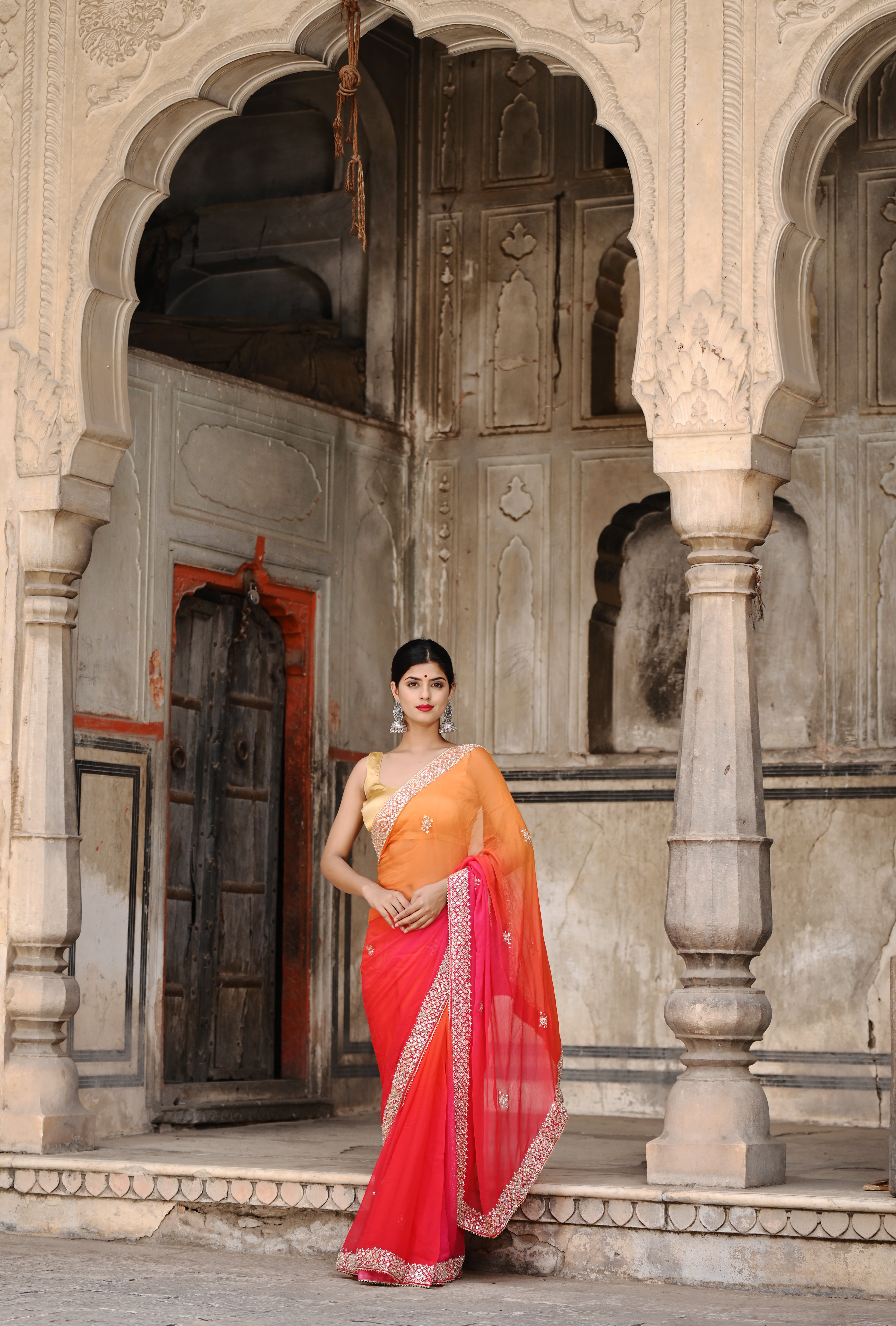 Orange Multishaded Beauty Pageant Chiffon Saree