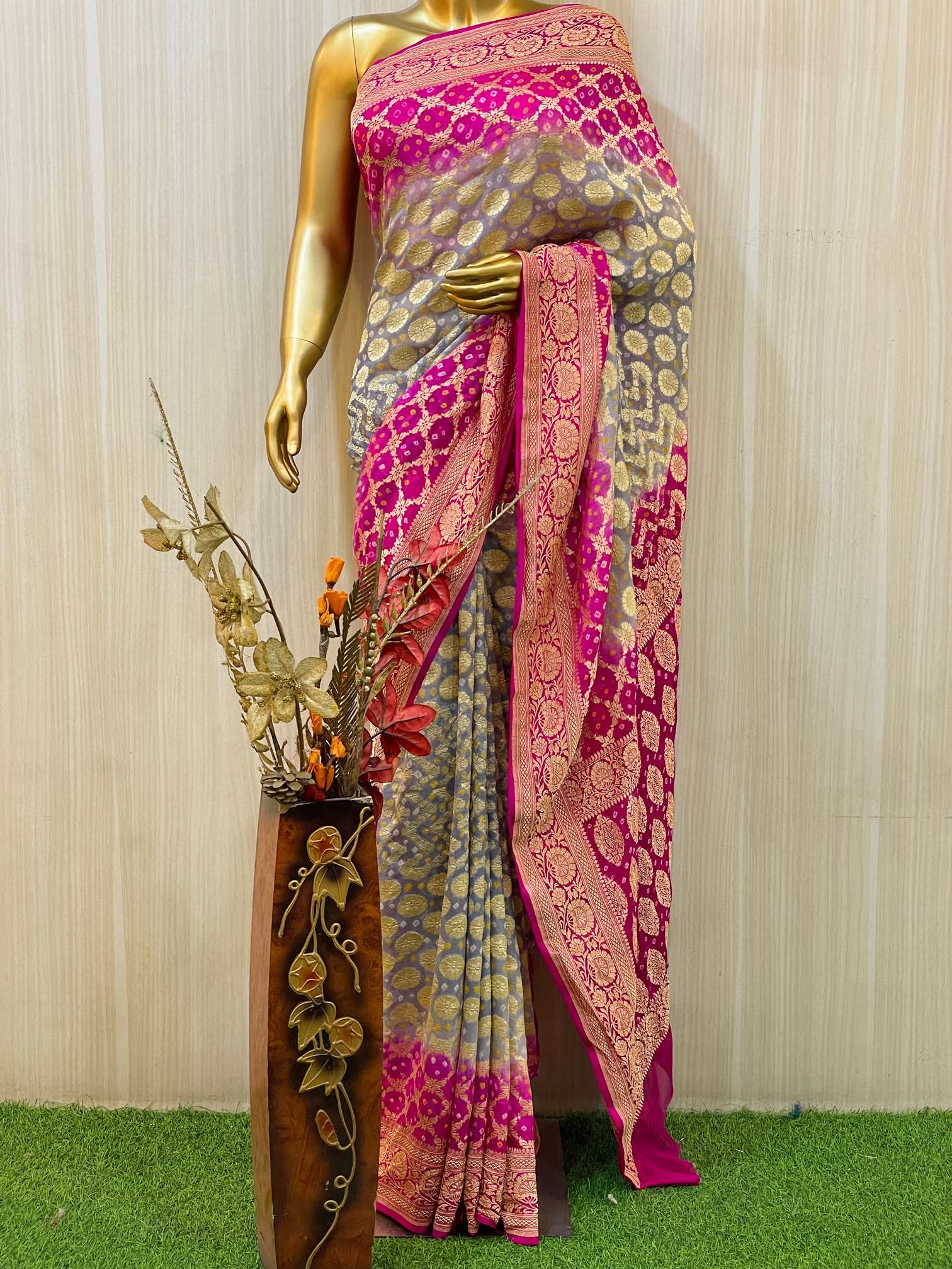 Anaya Pink and Grey Bandhani Saree