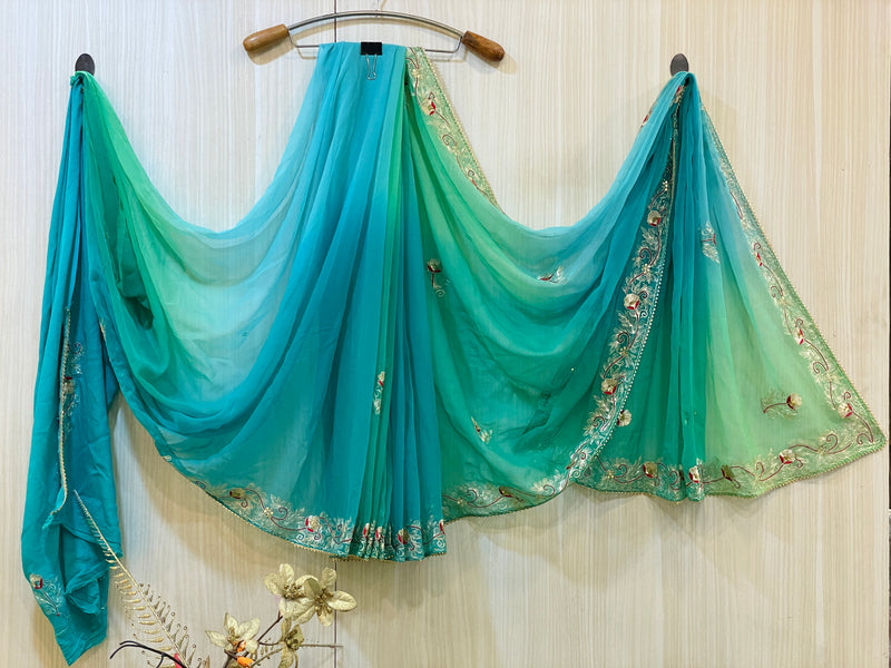 Purvi Blue and Green Chiffon Saree
