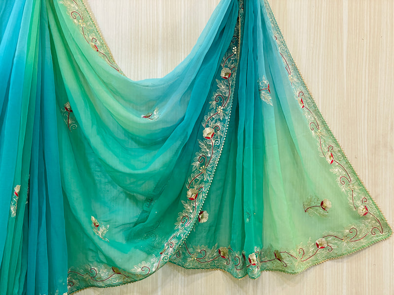Purvi Blue and Green Chiffon Saree