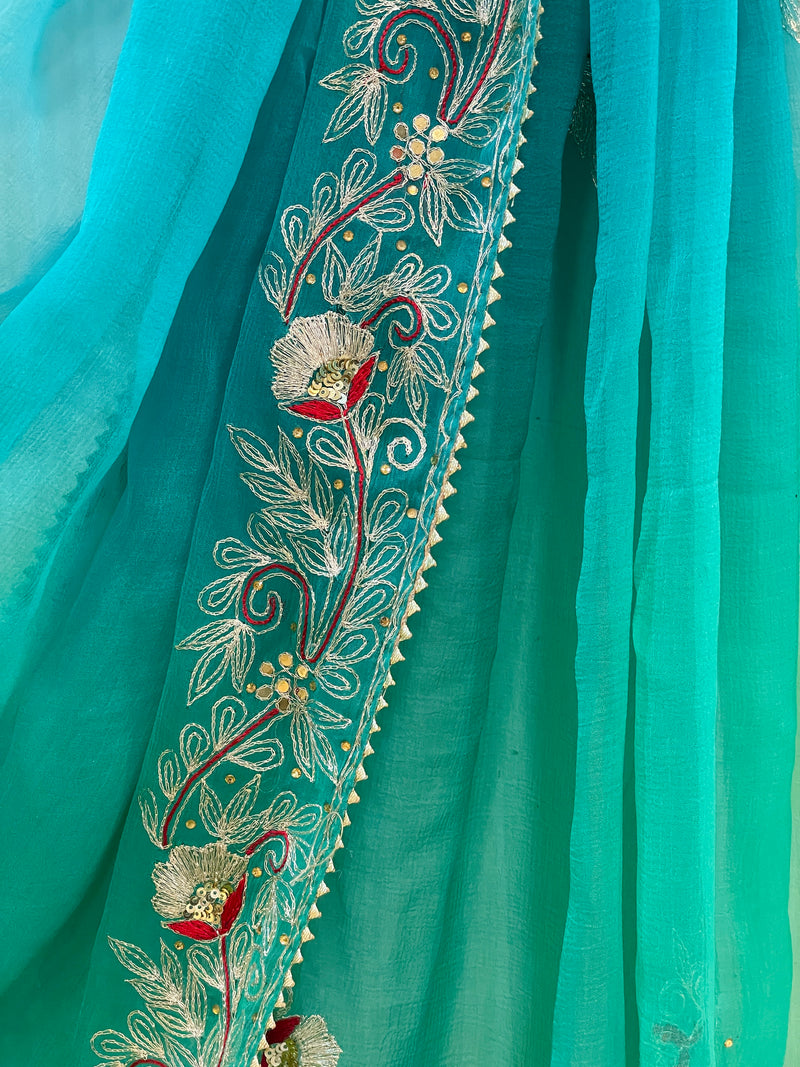 Purvi Blue and Green Chiffon Saree