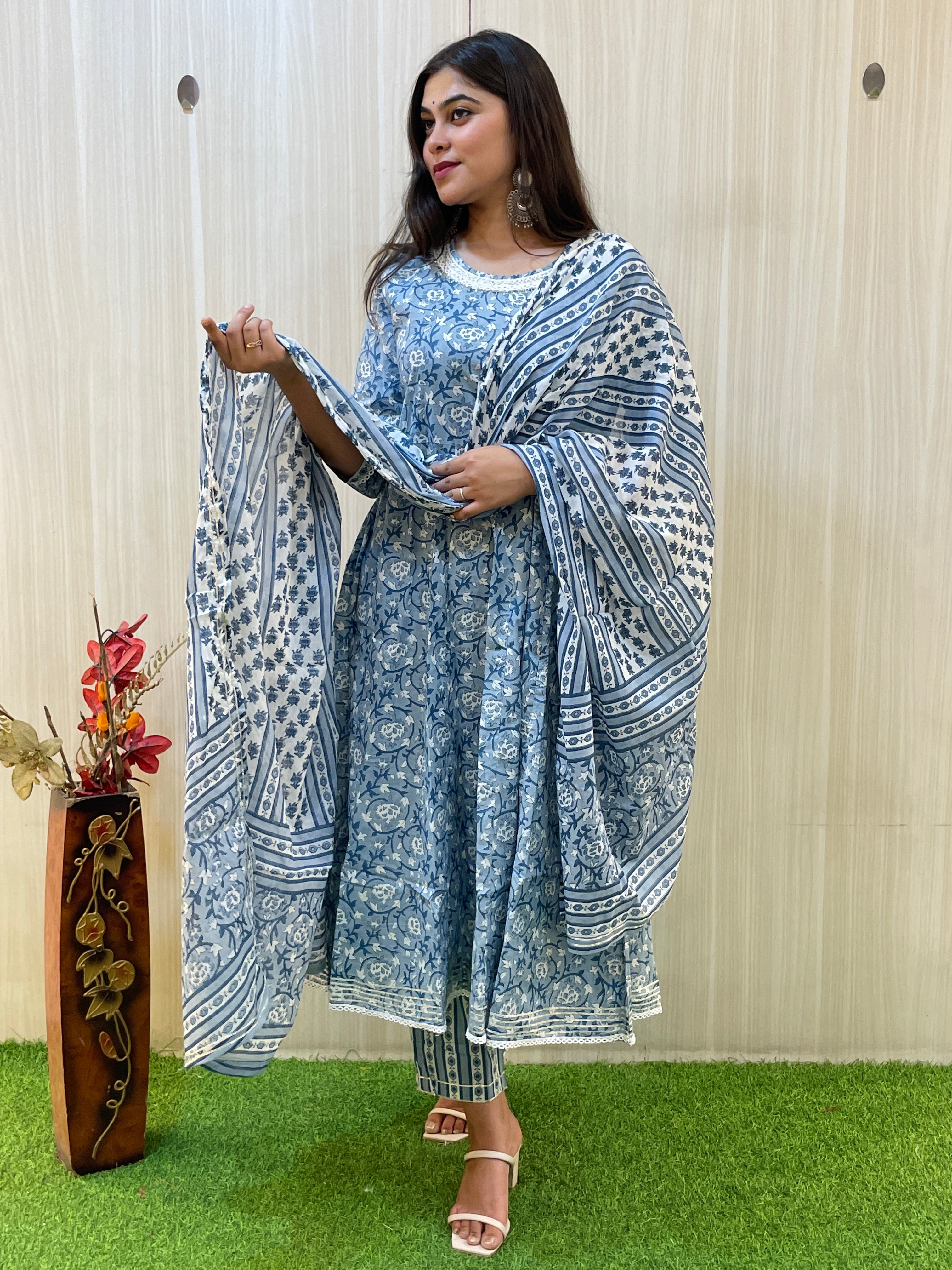 Blue and White Anarkali Kurta Set